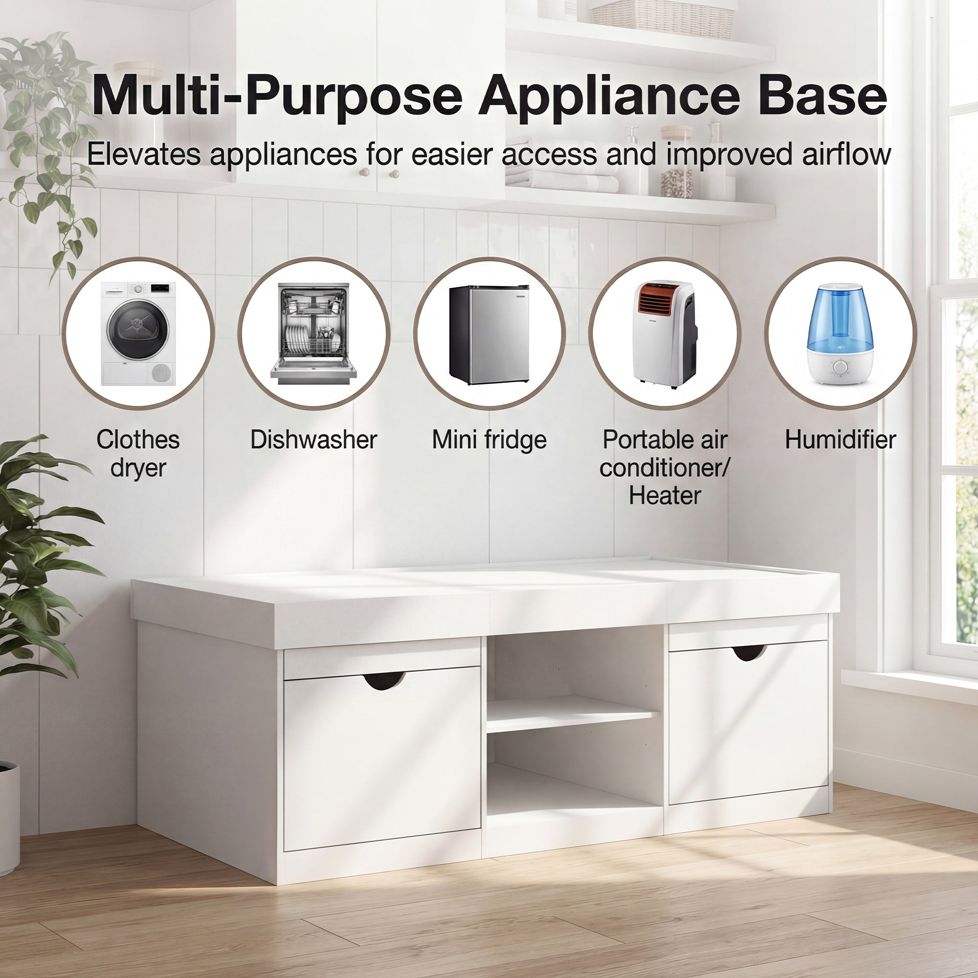 White multi-purpose appliance base with icons and text highlighting its uses.