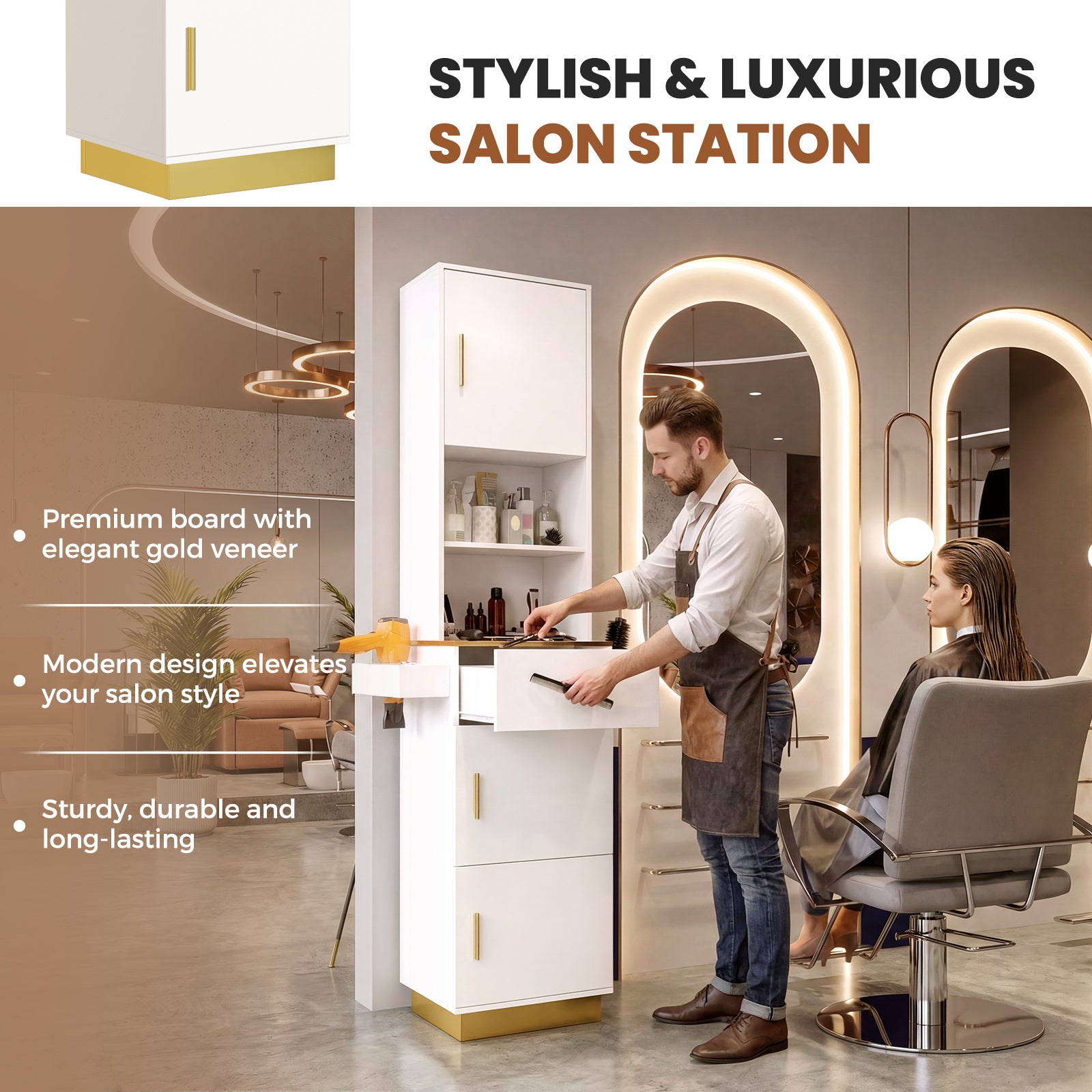 Salon interior with a stylish and luxurious station, featuring a hairdresser and client.