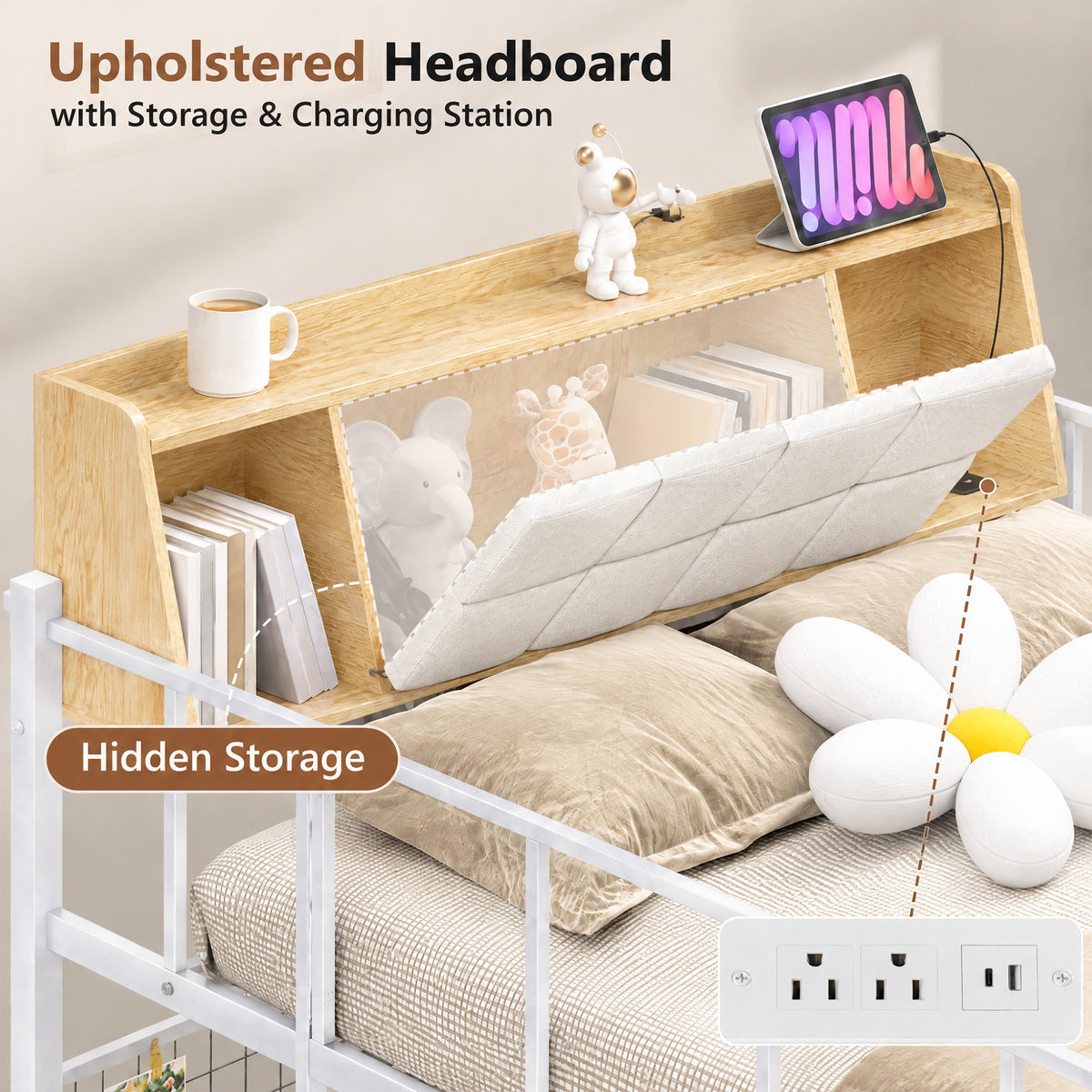 Advwin Loft Bed with Storage Headboard & Power Outlets
