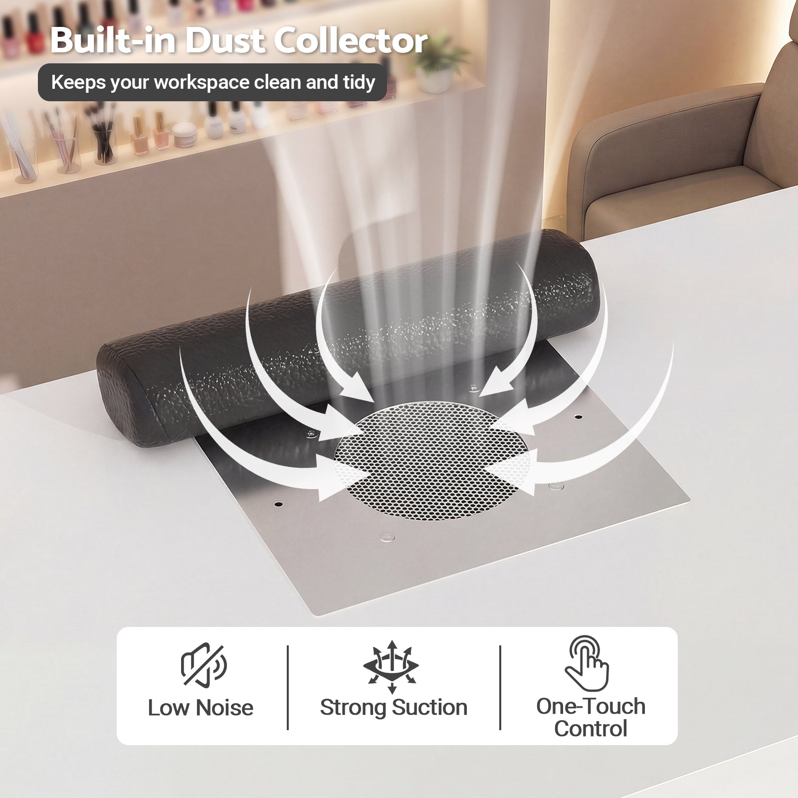 Tabletop air purifier with dust collection feature on a desk