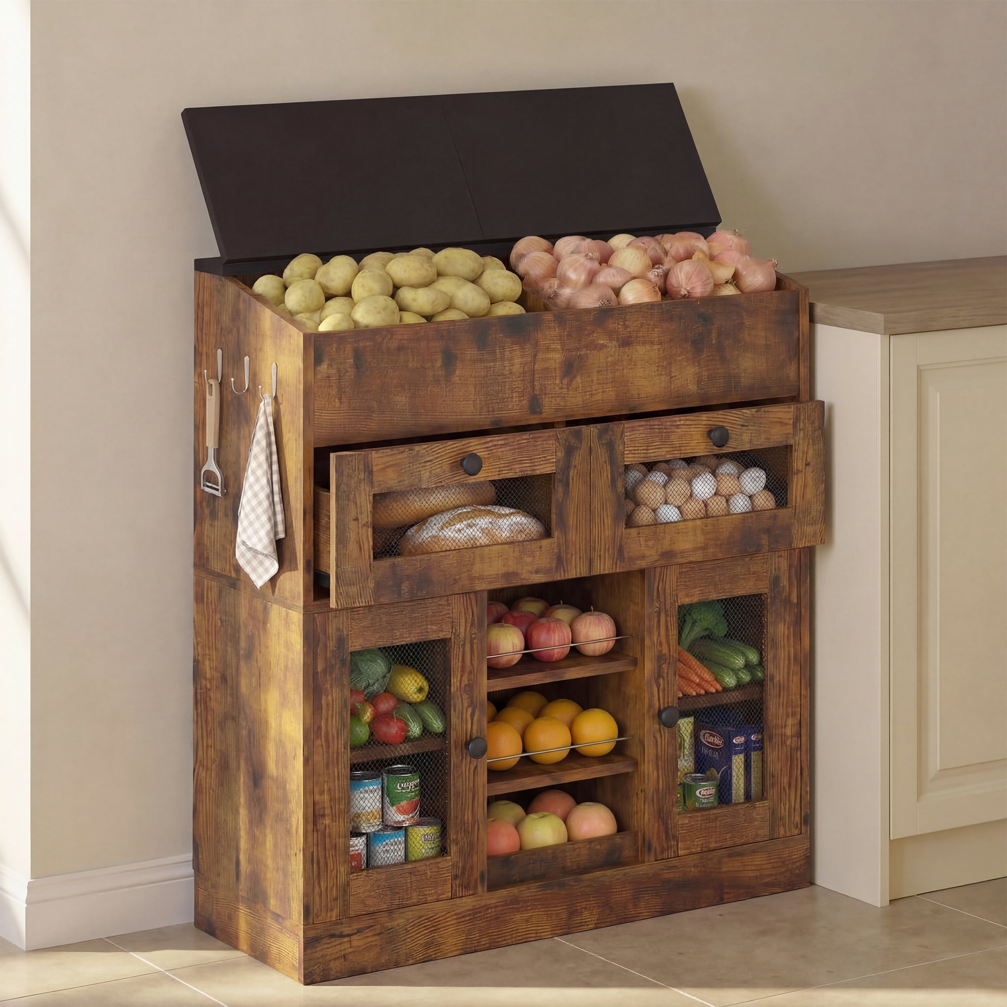Wooden storage cabinet with open lid revealing fruits and vegetables inside, against a neutral wall.