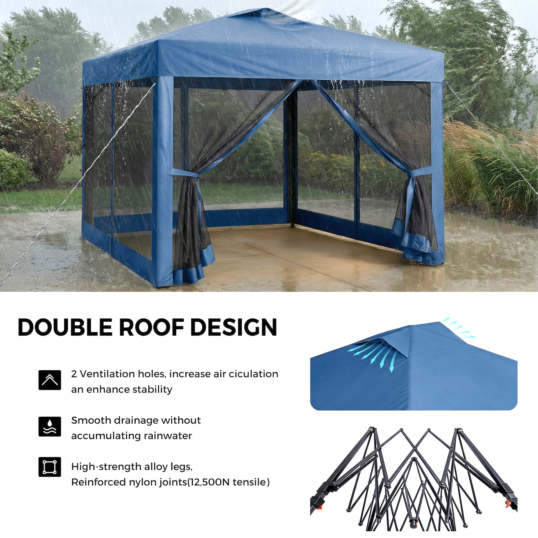 Blue outdoor canopy tent with double roof design in a rainy setting, featuring text on features.