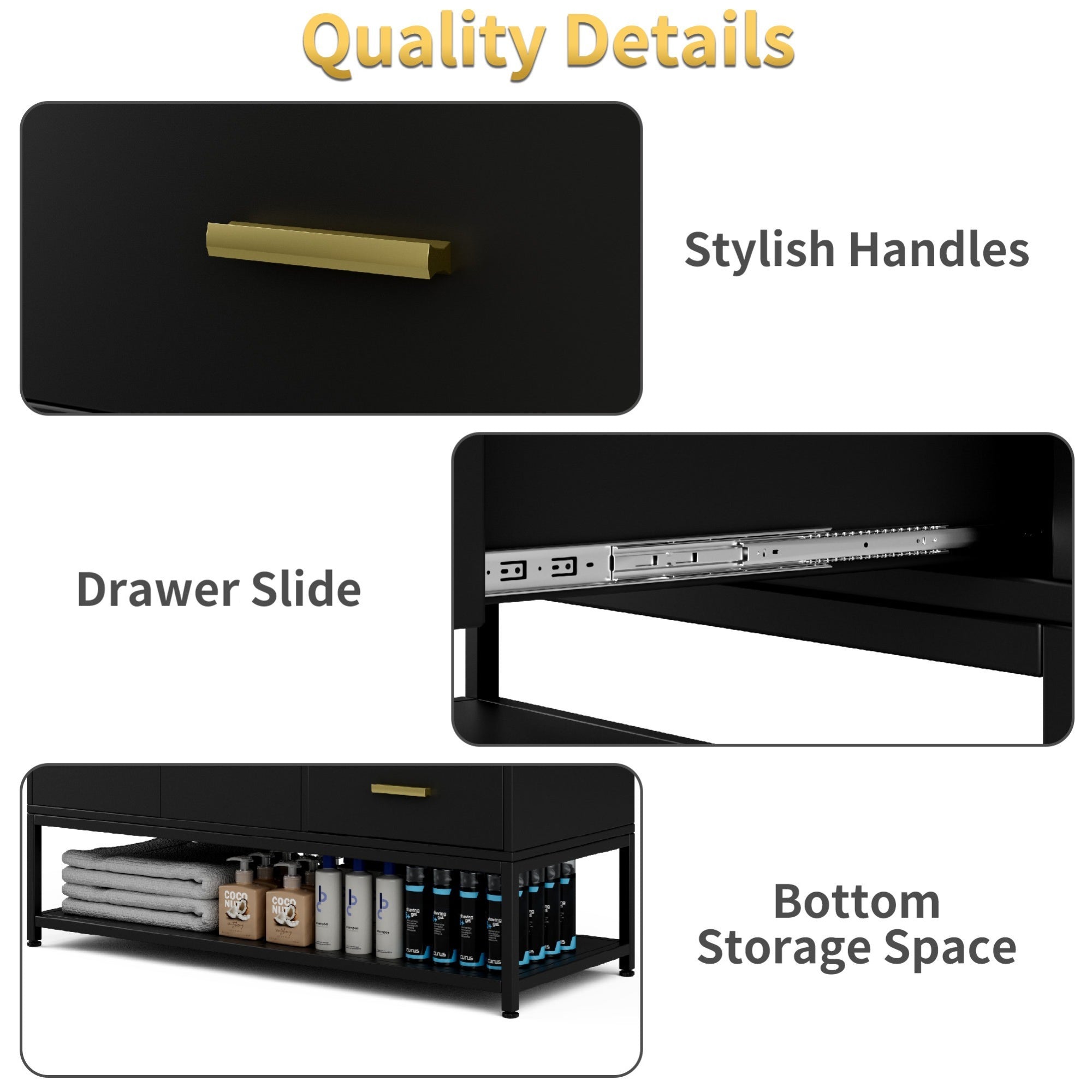 Black desk with stylish handles, drawer slide, and bottom storage space on a white background.