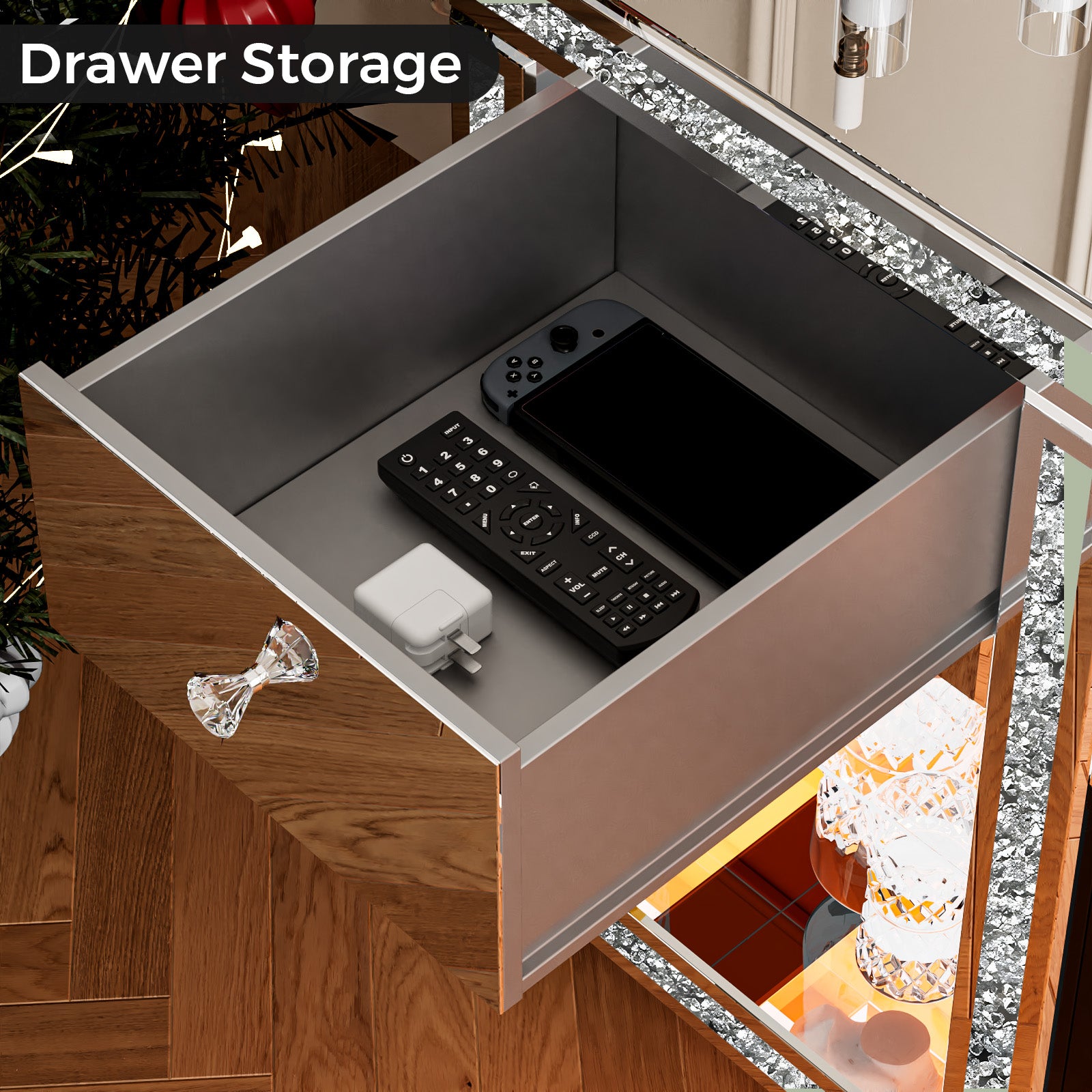 Advwin Mirrored TV Stand with Simulated Fireplace