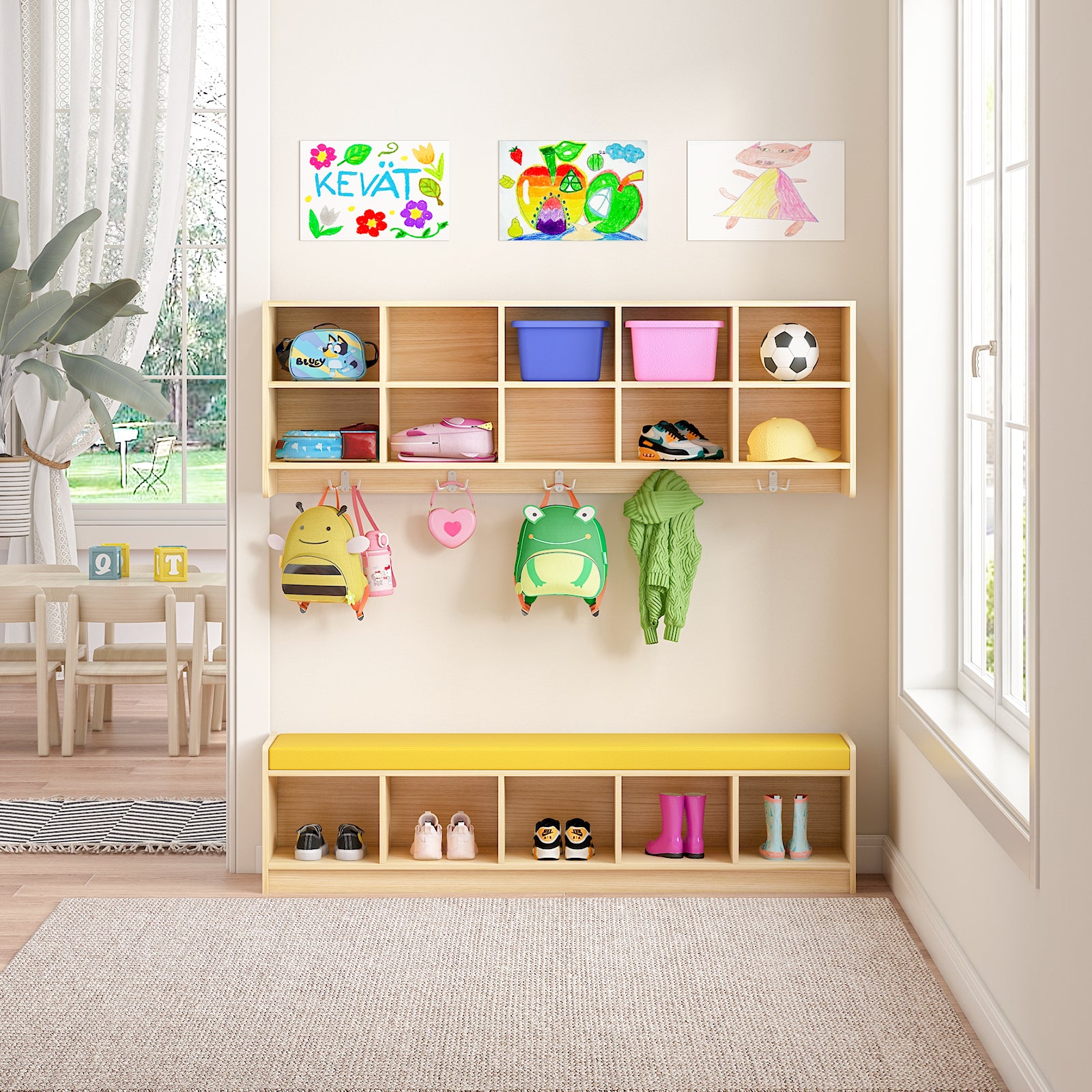 Advwin 10-Section Wall Cubbies w/Hooks & Bench