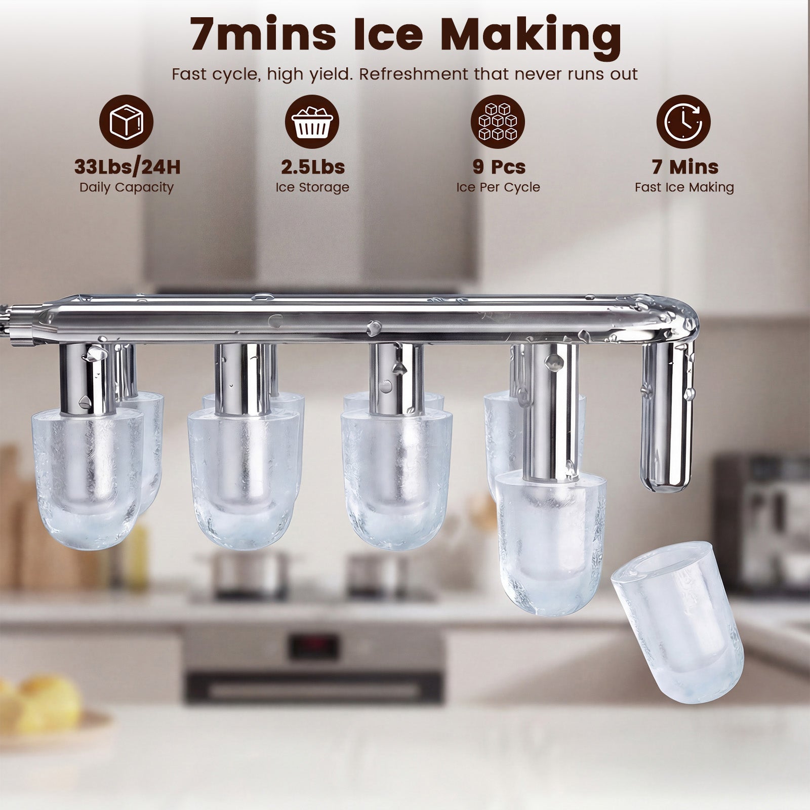 Ice maker with ice cubes and text highlighting features on a kitchen background