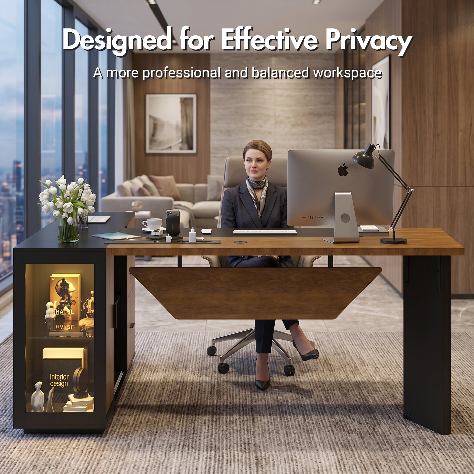Advwin L-Shaped Executive Desk w/ Glass Display Cabinet