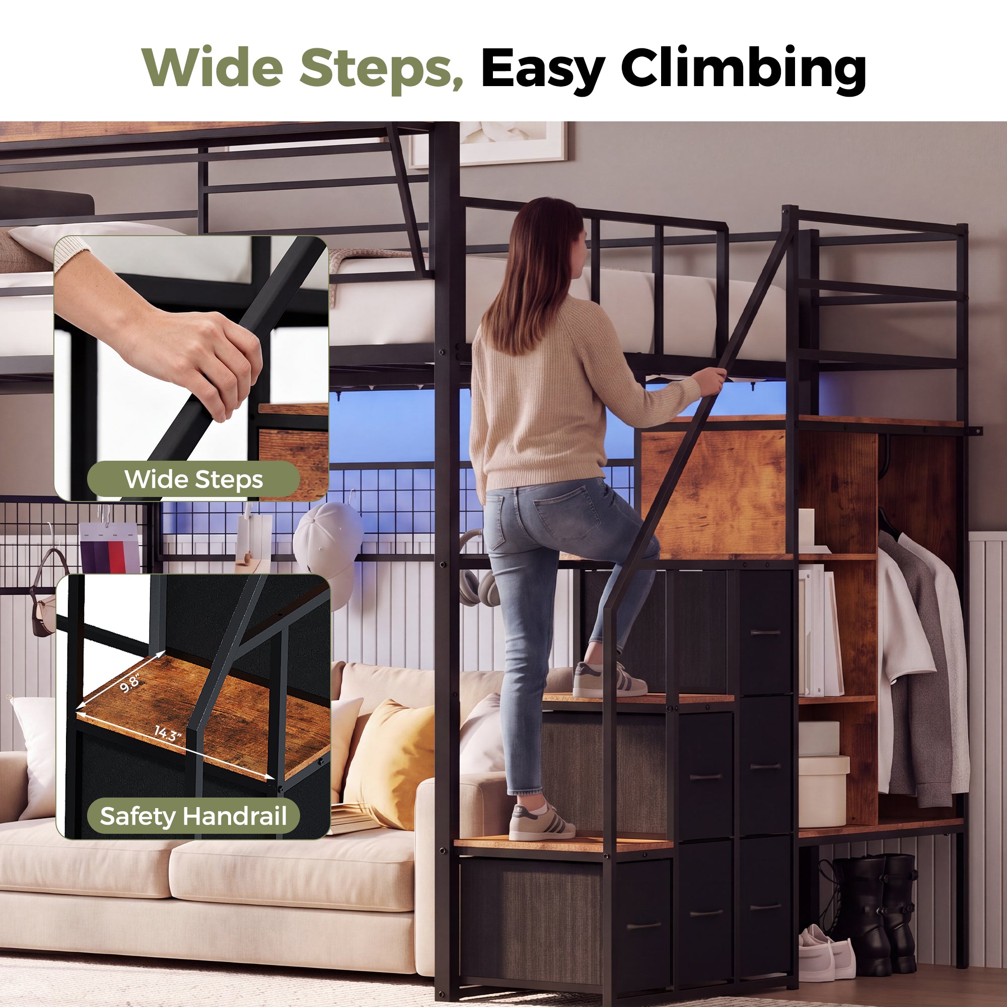 Advwin Loft Bed w/ Stairs, Storage and LED Light