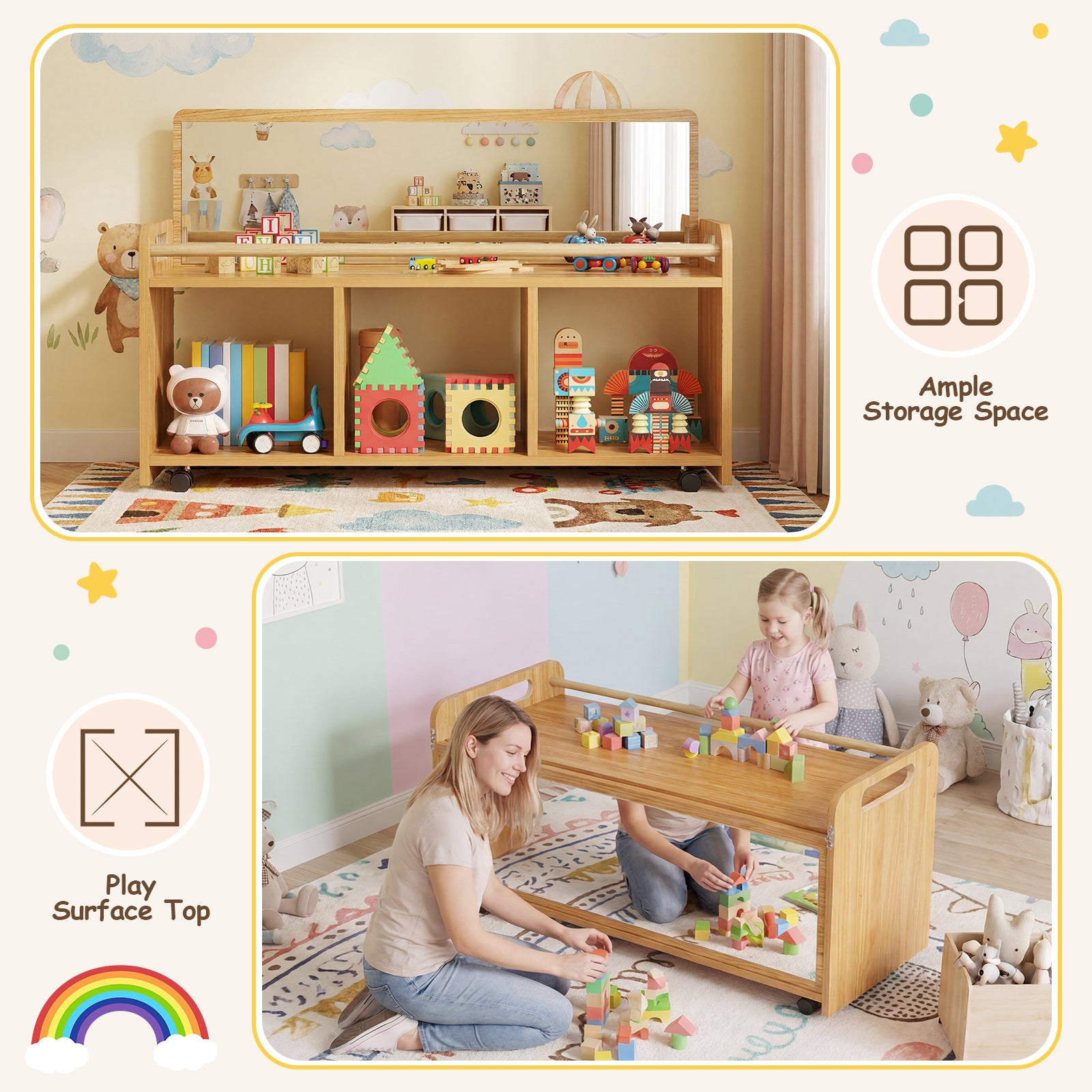 Advwin Montessori Toy Storage Cabinet with Mirror