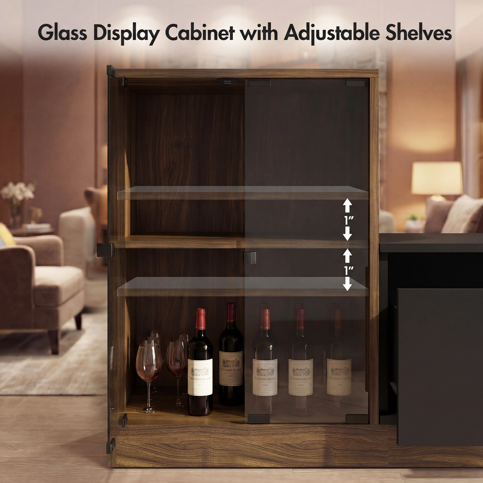 Glass display cabinet with adjustable shelves containing wine bottles and glasses in a living room setting.
