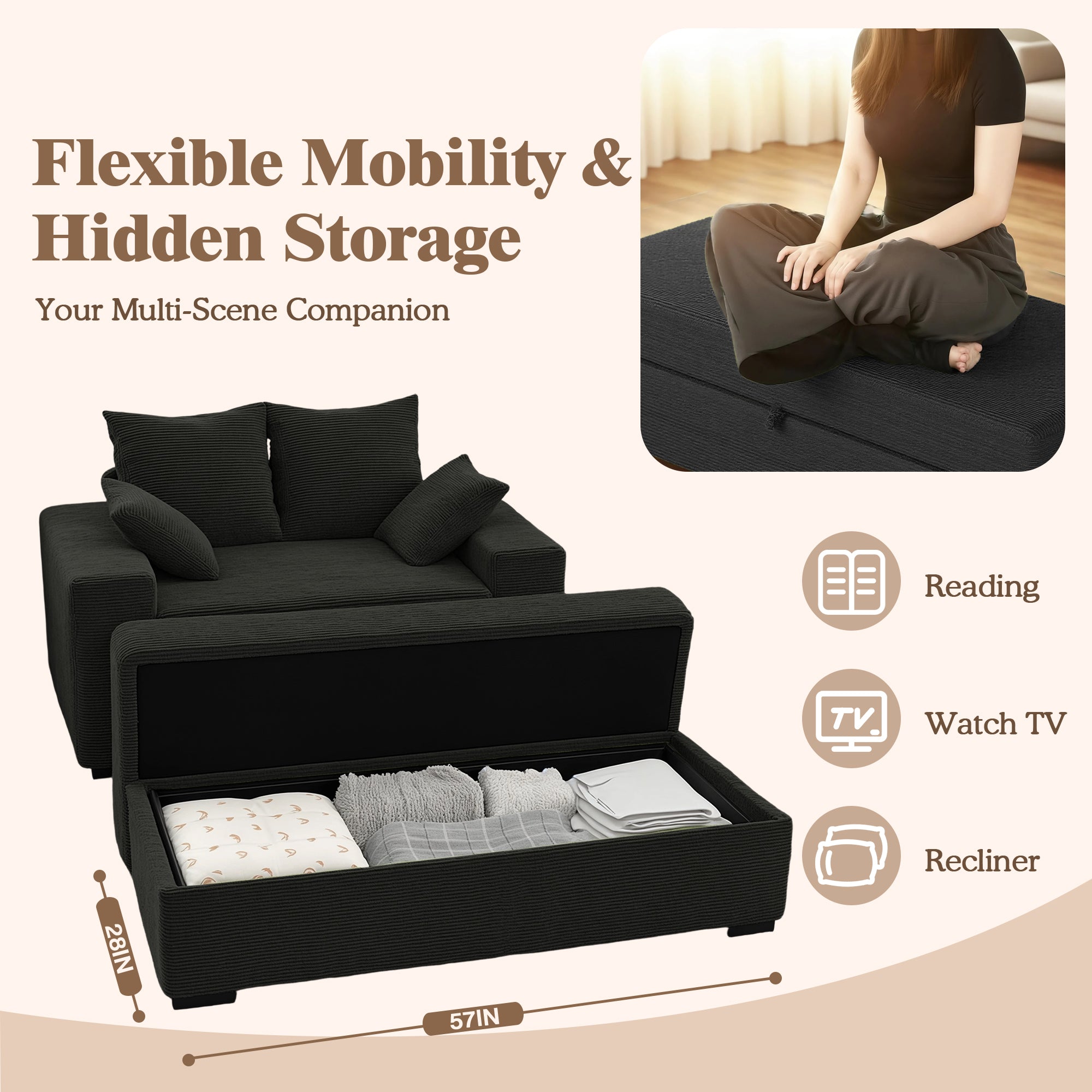 Advwin Chaise Lounge with Storage Ottoman Medium-Rib