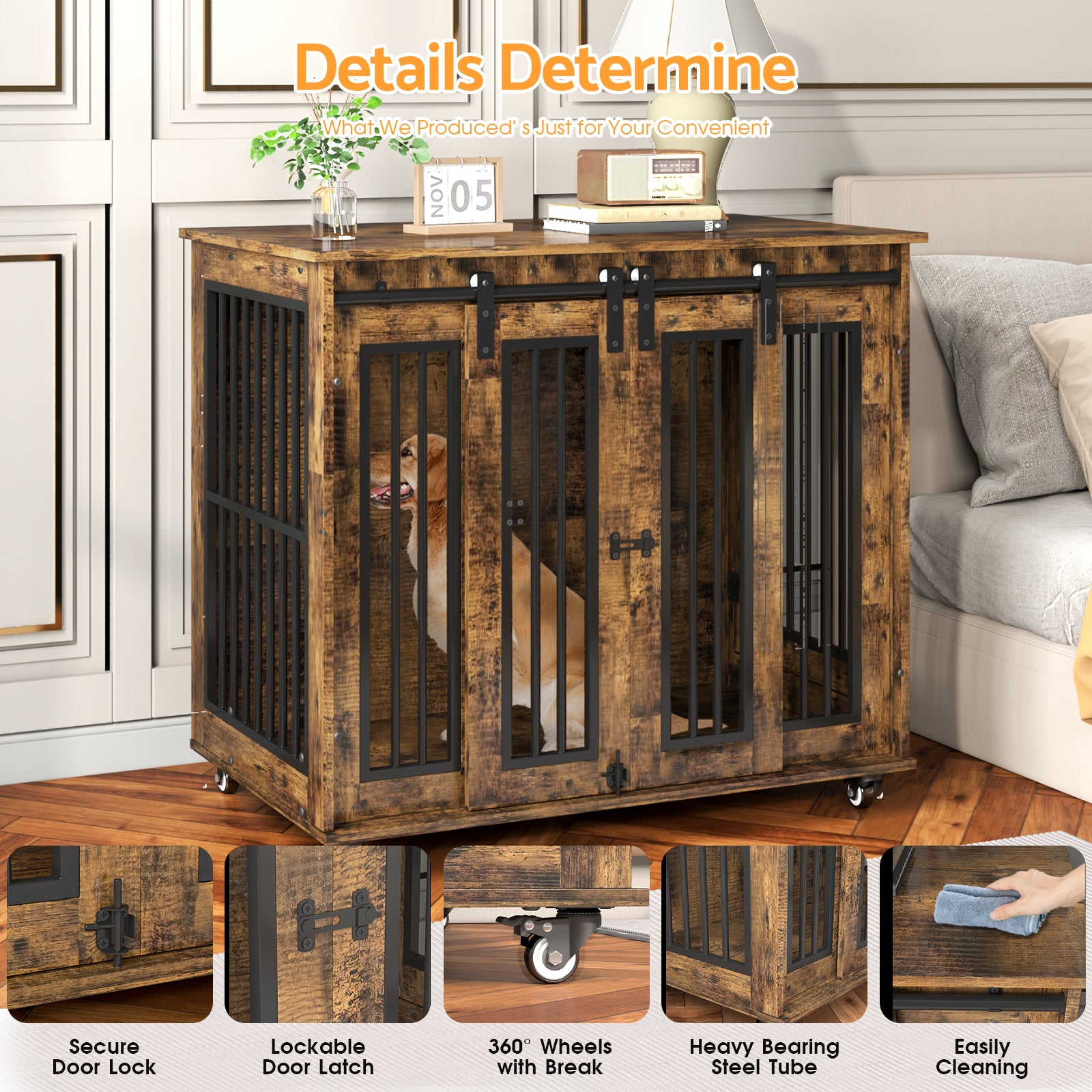 Advwin 38.5" Wood Dog Crate with Wheels