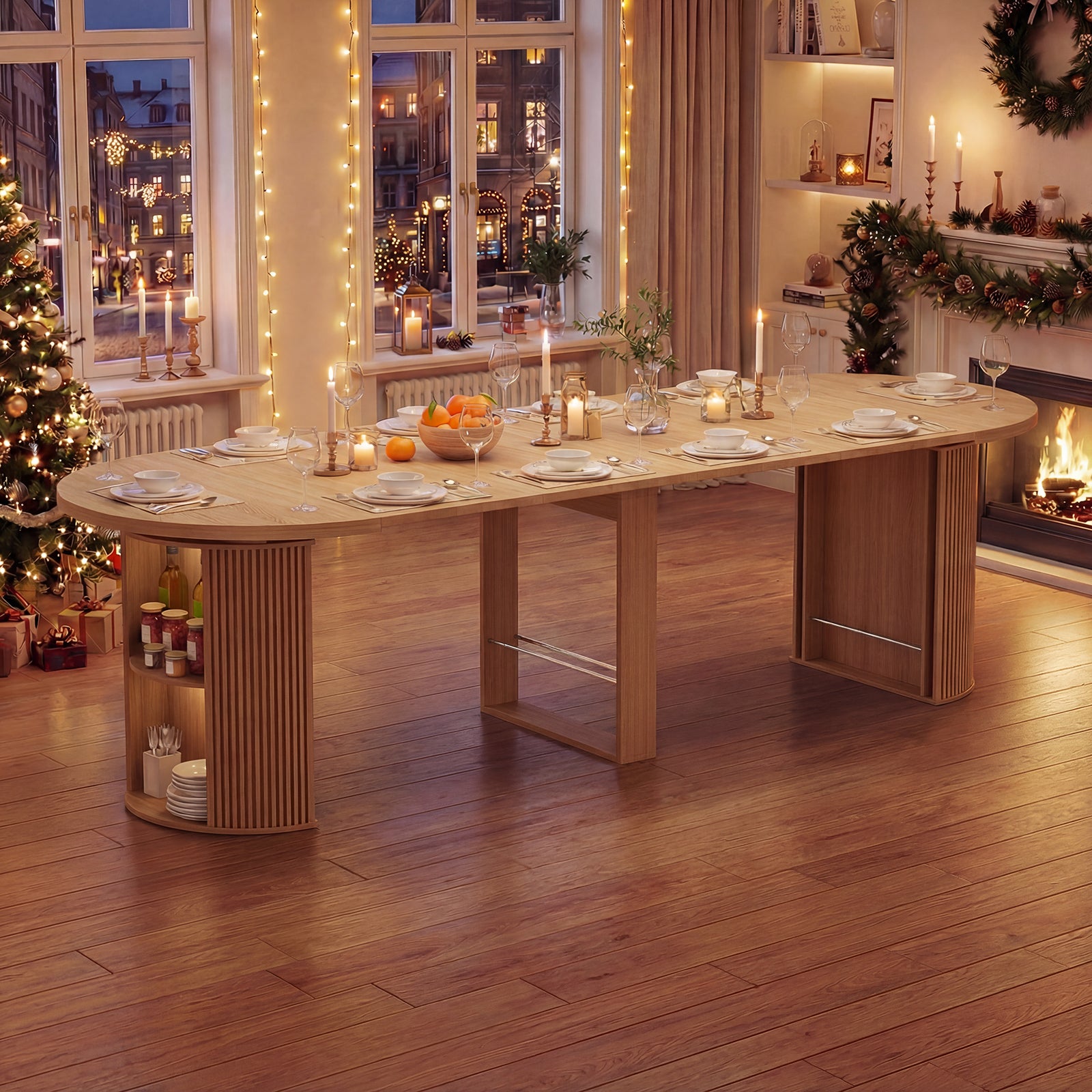 Dining table set for a meal in a cozy room with Christmas decorations.