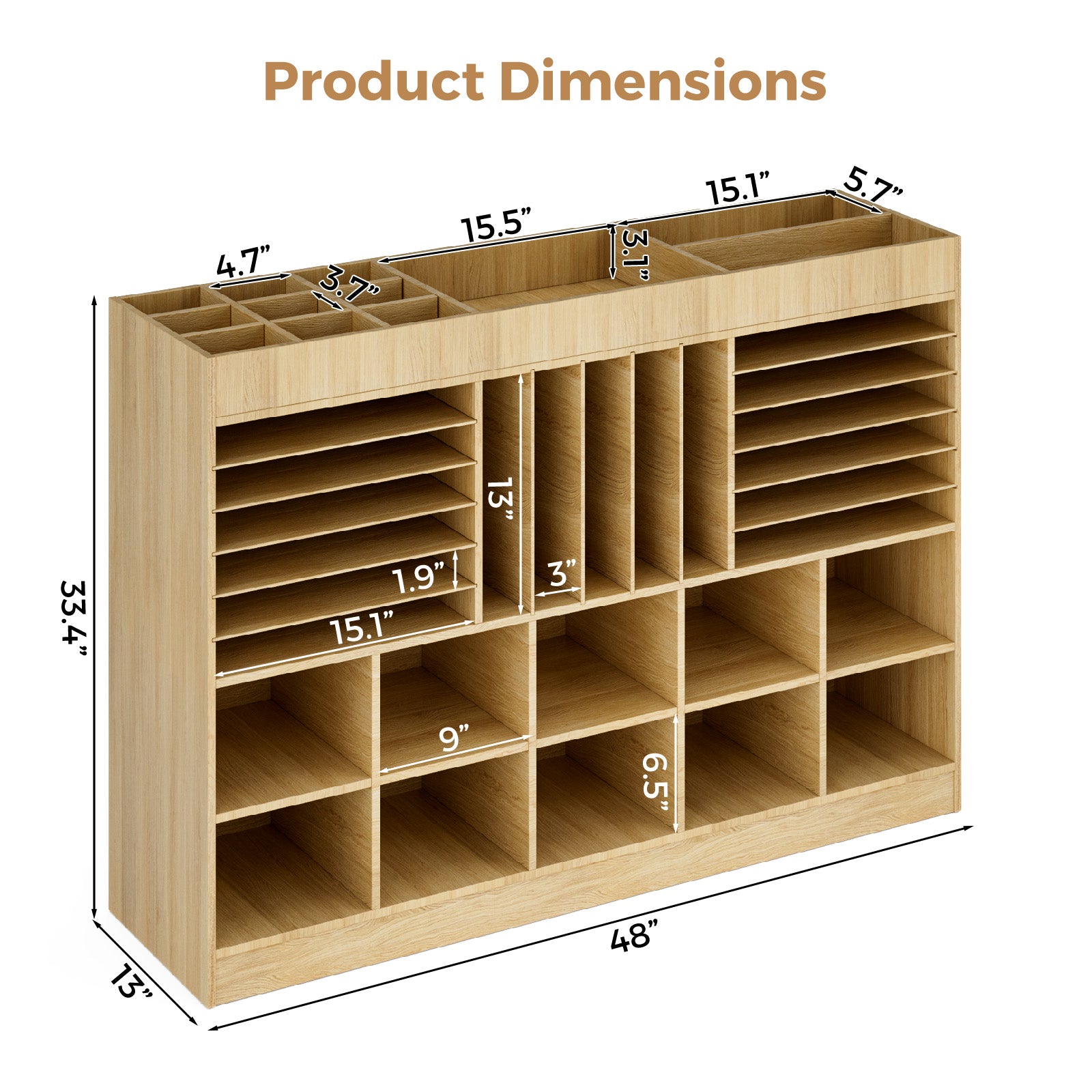 Wooden storage unit with dimensions labeled on a white background