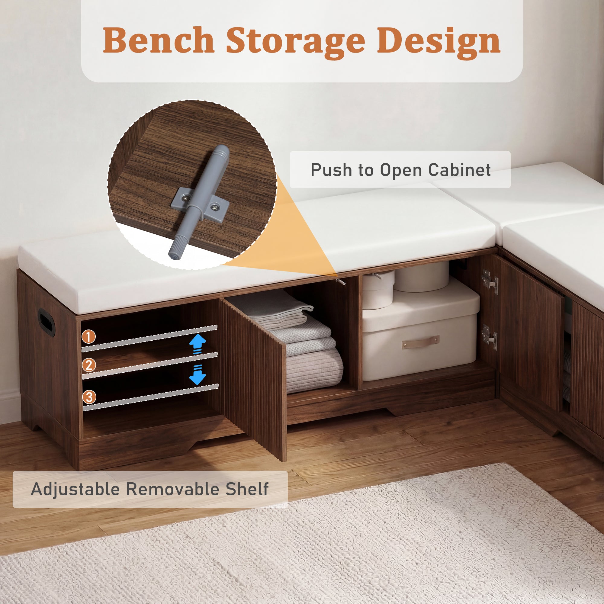 Bench with storage design featuring a cabinet, shelves, and cushions.