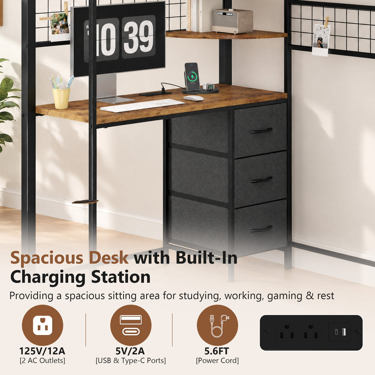 Advwin Loft Bed with Storage Headboard & Power Outlets