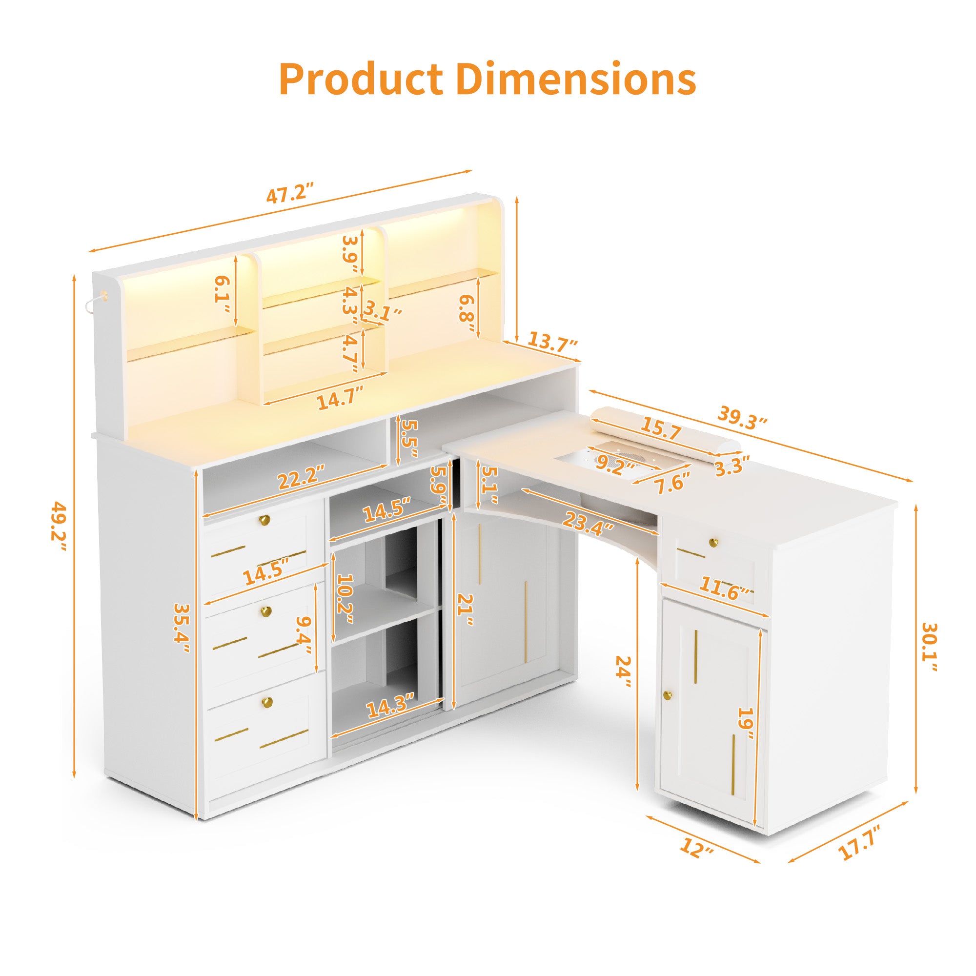 White vanity with dimensions labeled on a white background