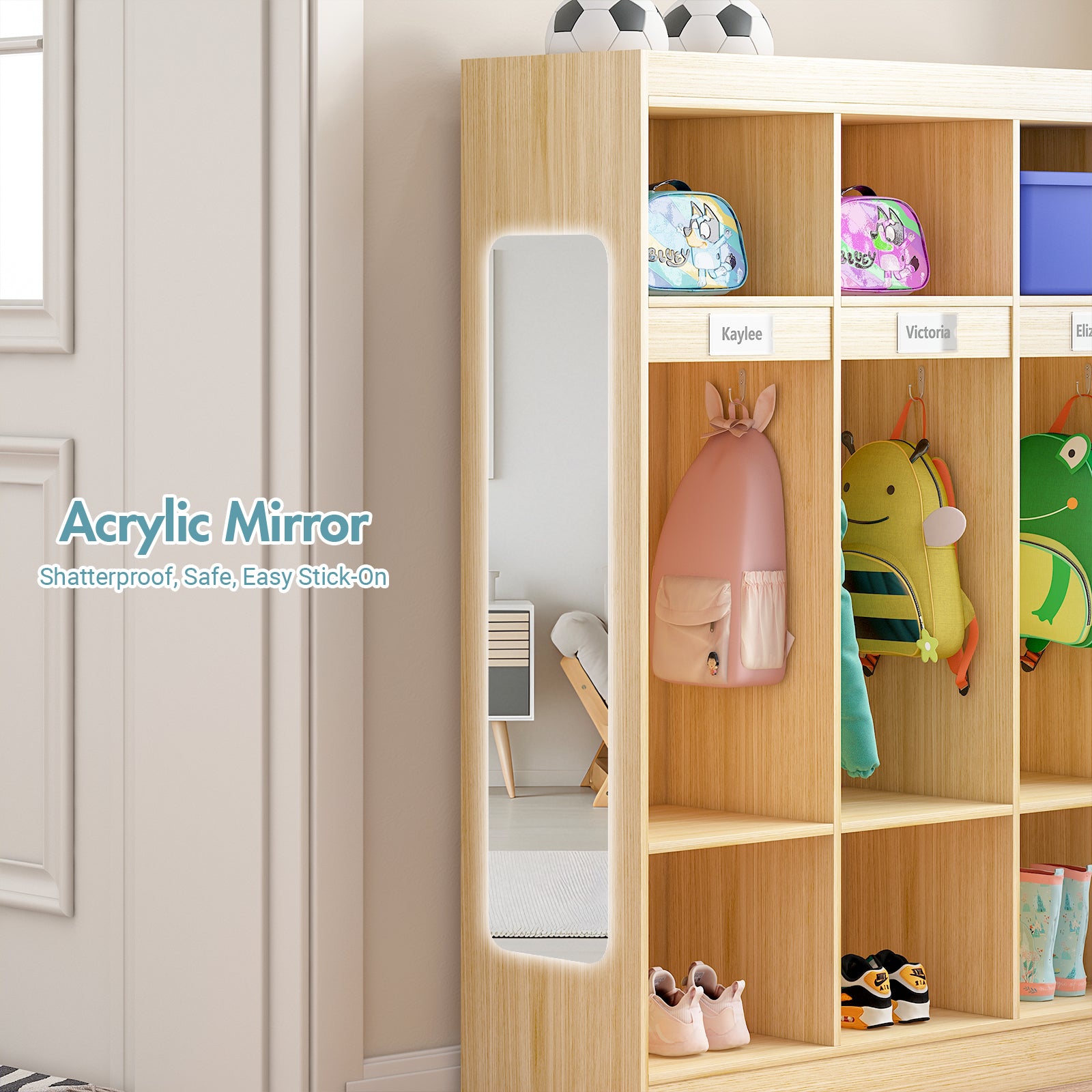 Wooden locker with colorful backpacks and toys, featuring acrylic mirror text.