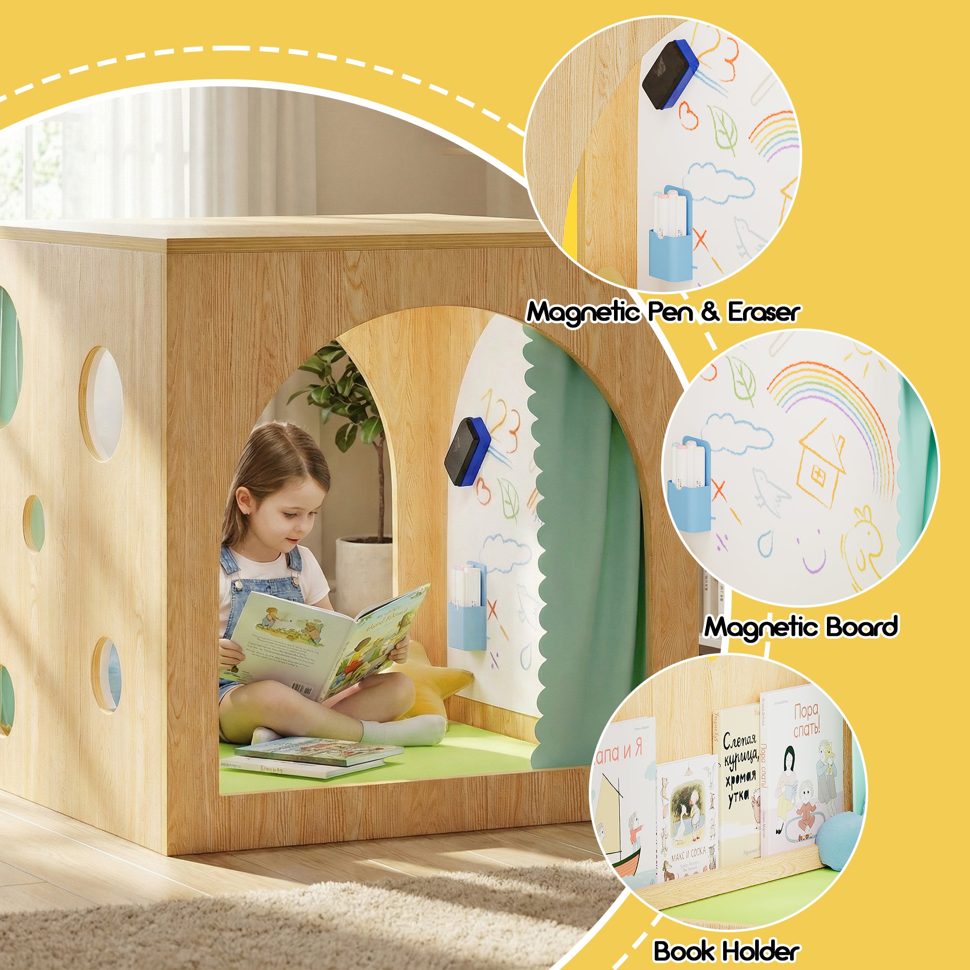 Child reading a book in a wooden playhouse with magnetic pen, eraser, board, and holder on a yellow background.