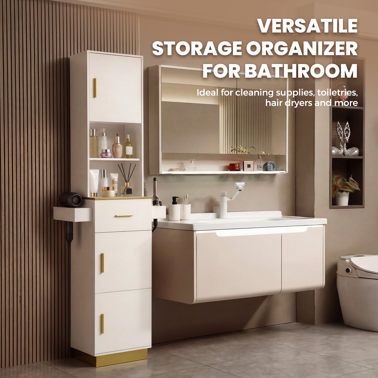 Bathroom vanity with storage cabinet and mirror, featuring text about versatile storage organizer.