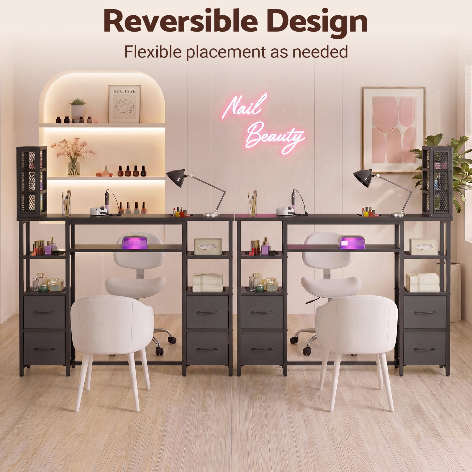 Advwin Double Tabletop Nail Desk w/ 3-Tier Storage Rack