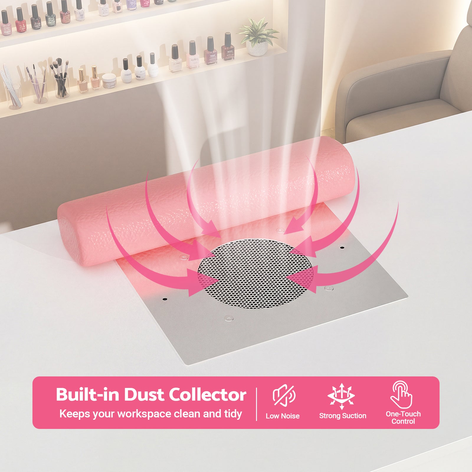 Built-in dust collector system on a desk with pink arrows indicating airflow.