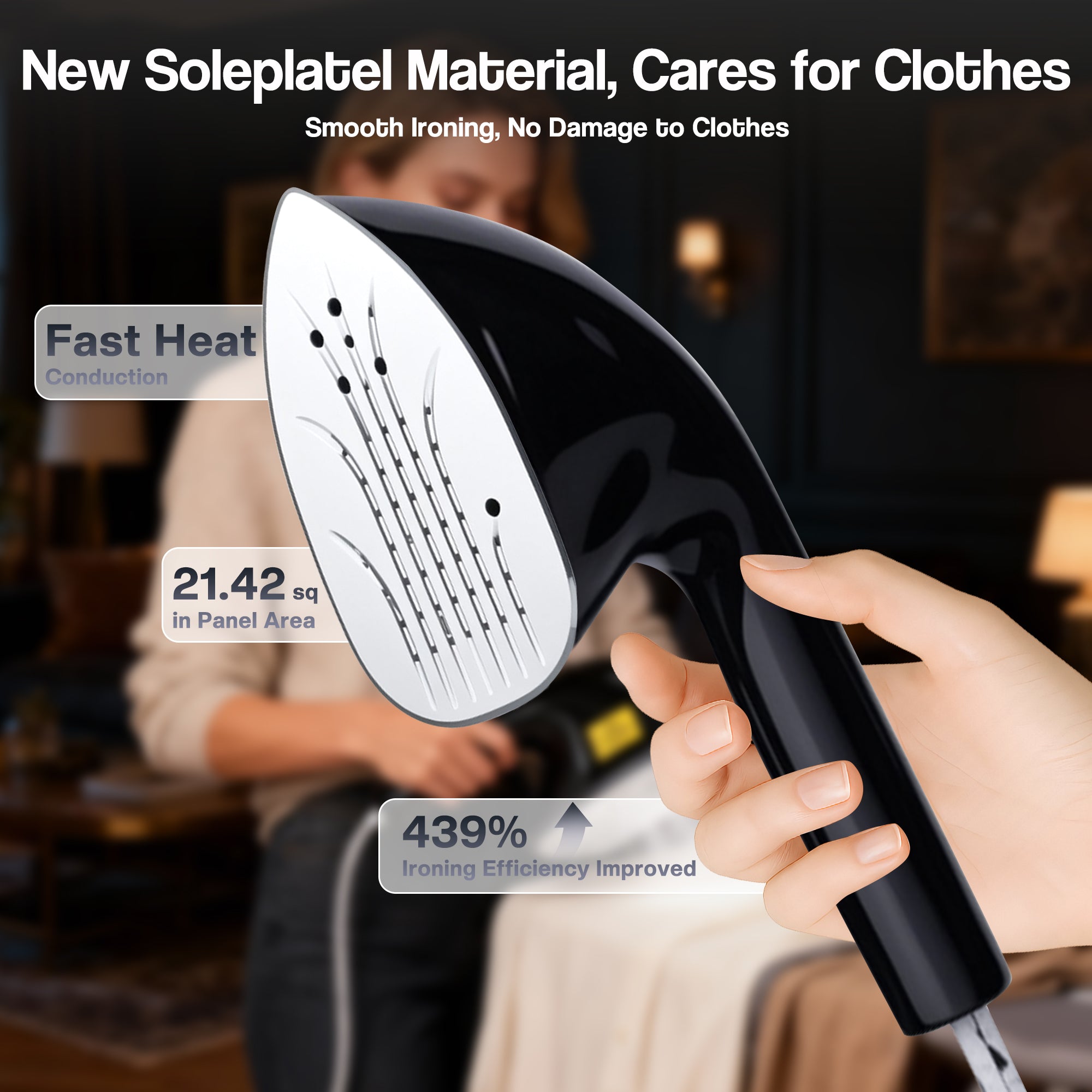 Black steam iron held by a hand with text highlighting features on a blurred background