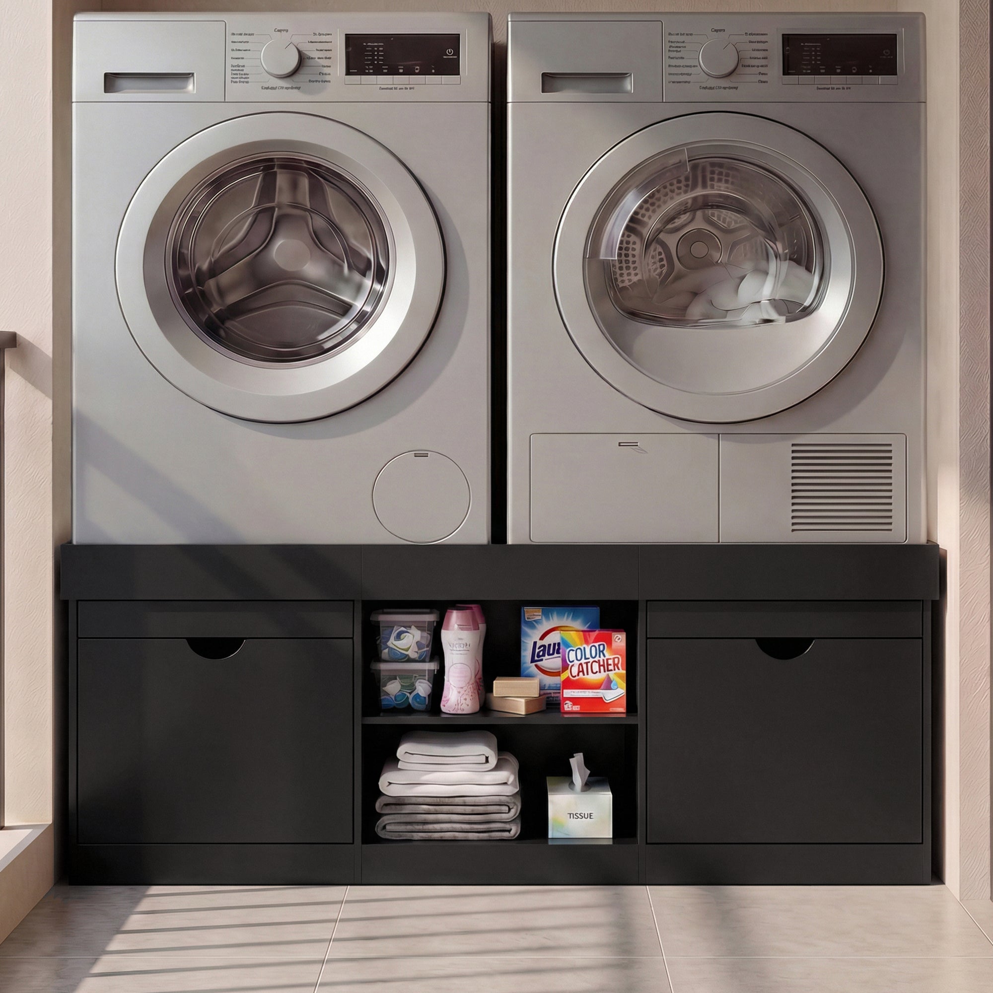 Washing machine and dryer with a black storage unit below in a laundry room.