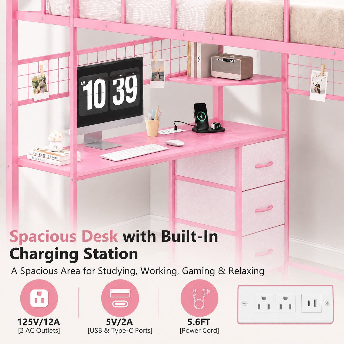 Advwin Loft Bed with Storage Headboard & Power Outlets