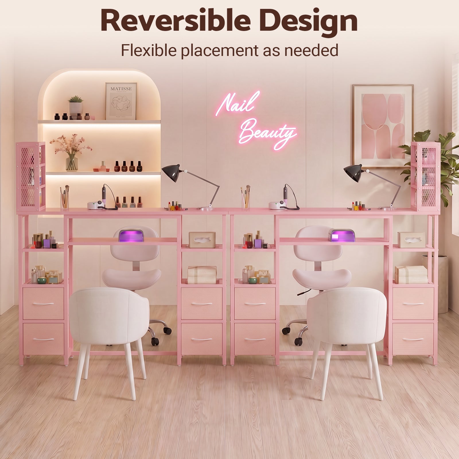 Advwin Double Tabletop Nail Desk w/ 3-Tier Storage Rack