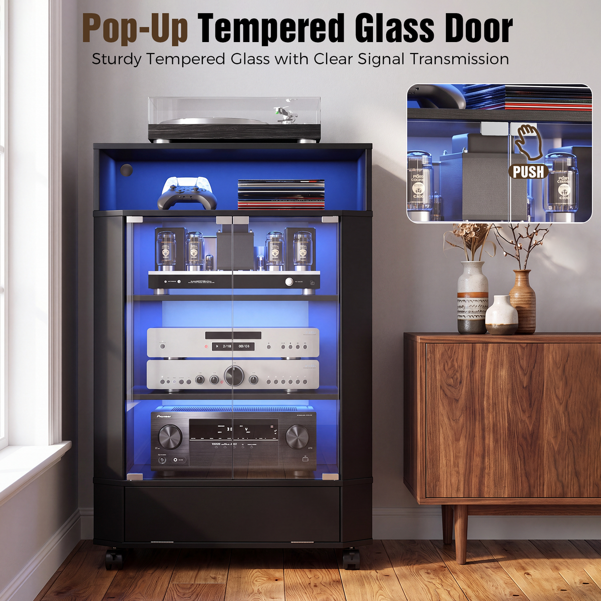 Advwin 6-Tier Media Cabinet with Tempered Glass Door