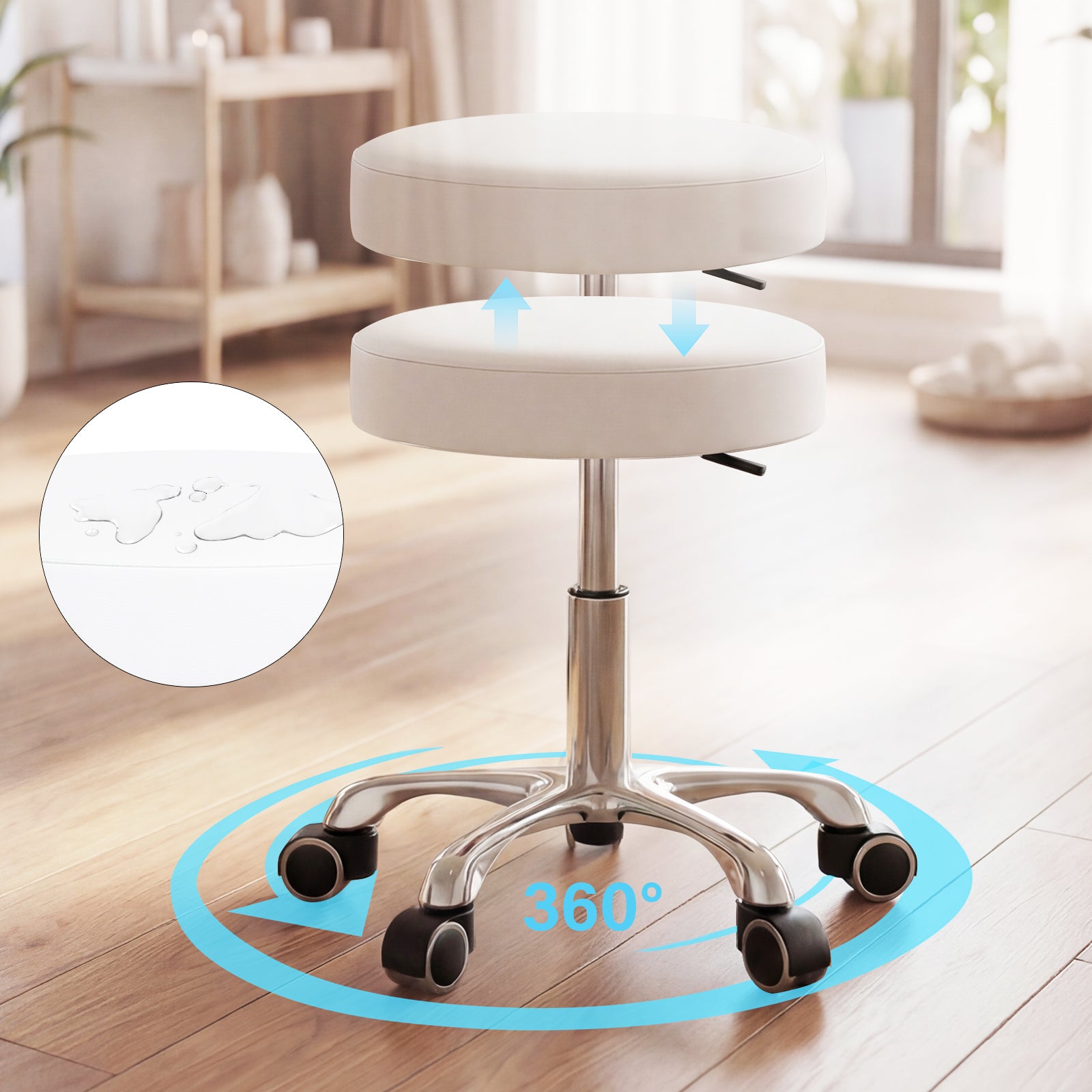 White swivel stool with 360-degree rotation feature on a wooden floor.