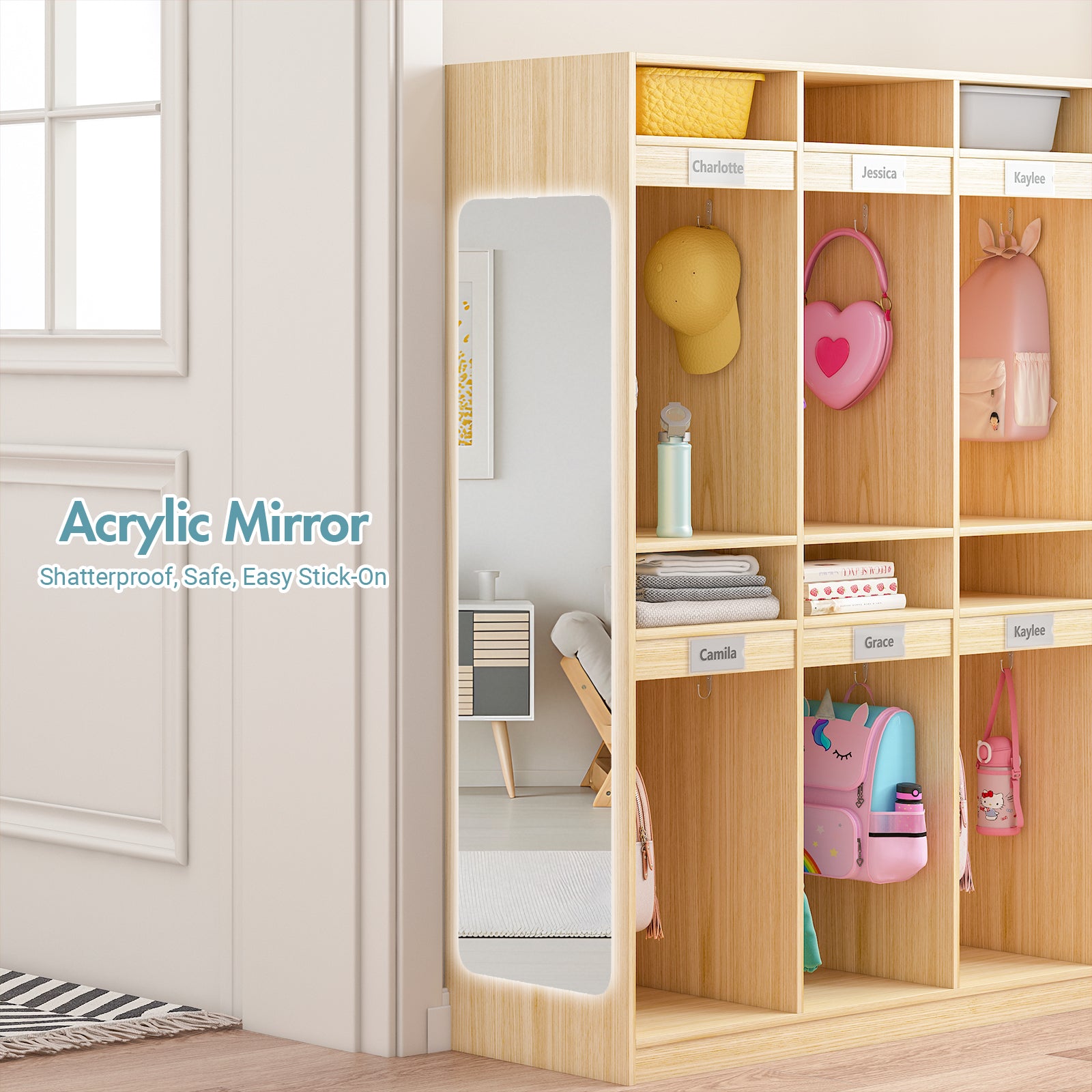 Wooden locker with shelves and colorful bags, featuring an acrylic mirror on a white wall.