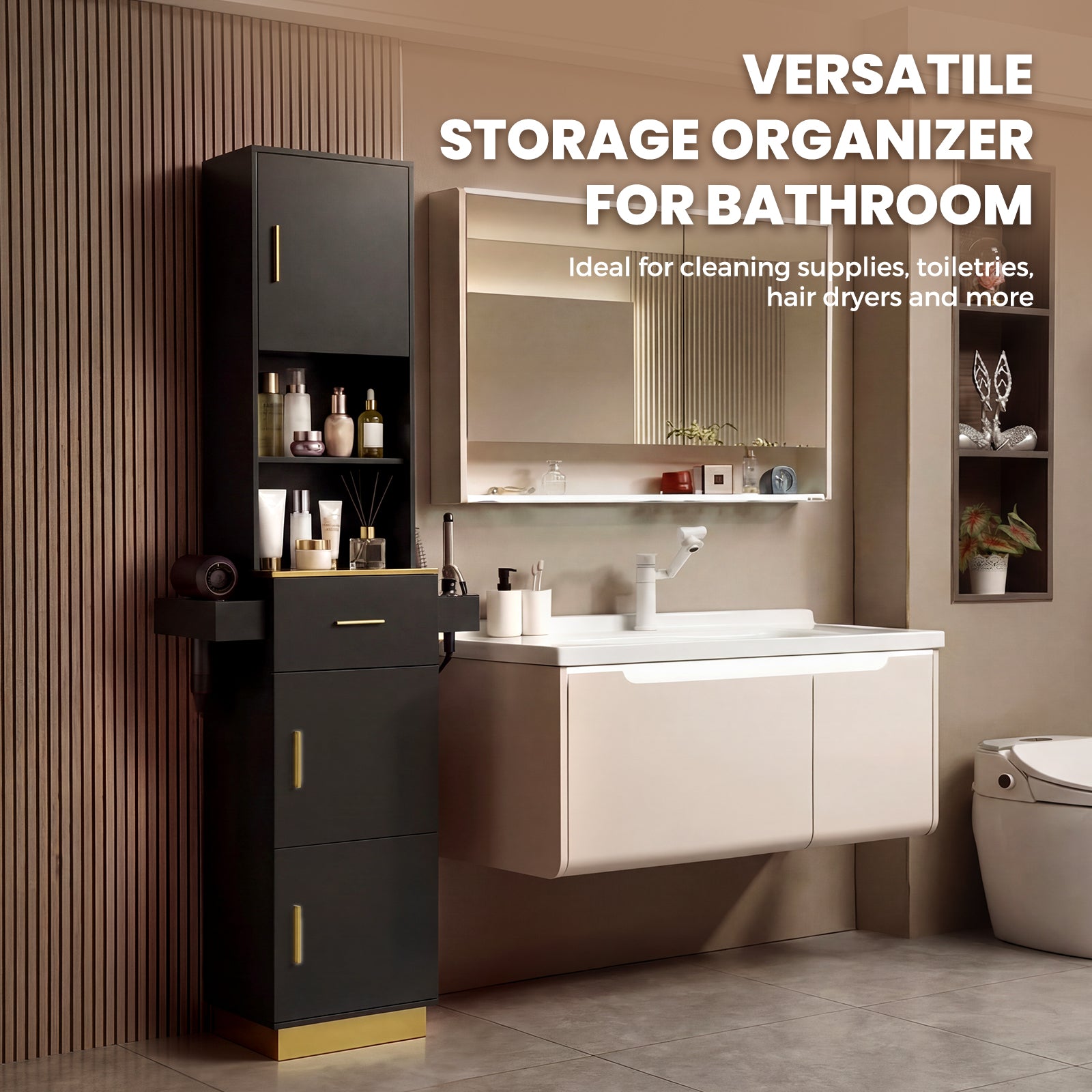 Bathroom with a black storage organizer, sink, and toilet.