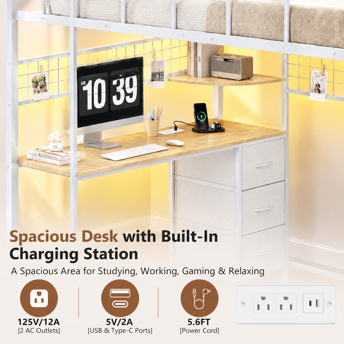 Advwin Loft Bed with Storage Headboard & Power Outlets