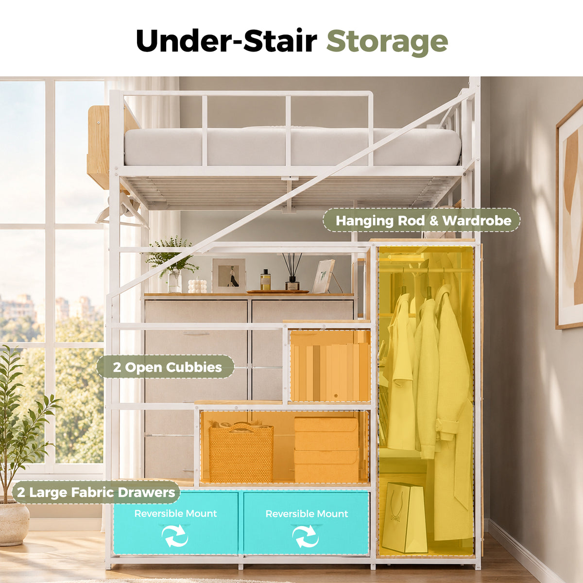 Advwin Loft Bed w/ Storage Stairs & 6-Drawer Dresser