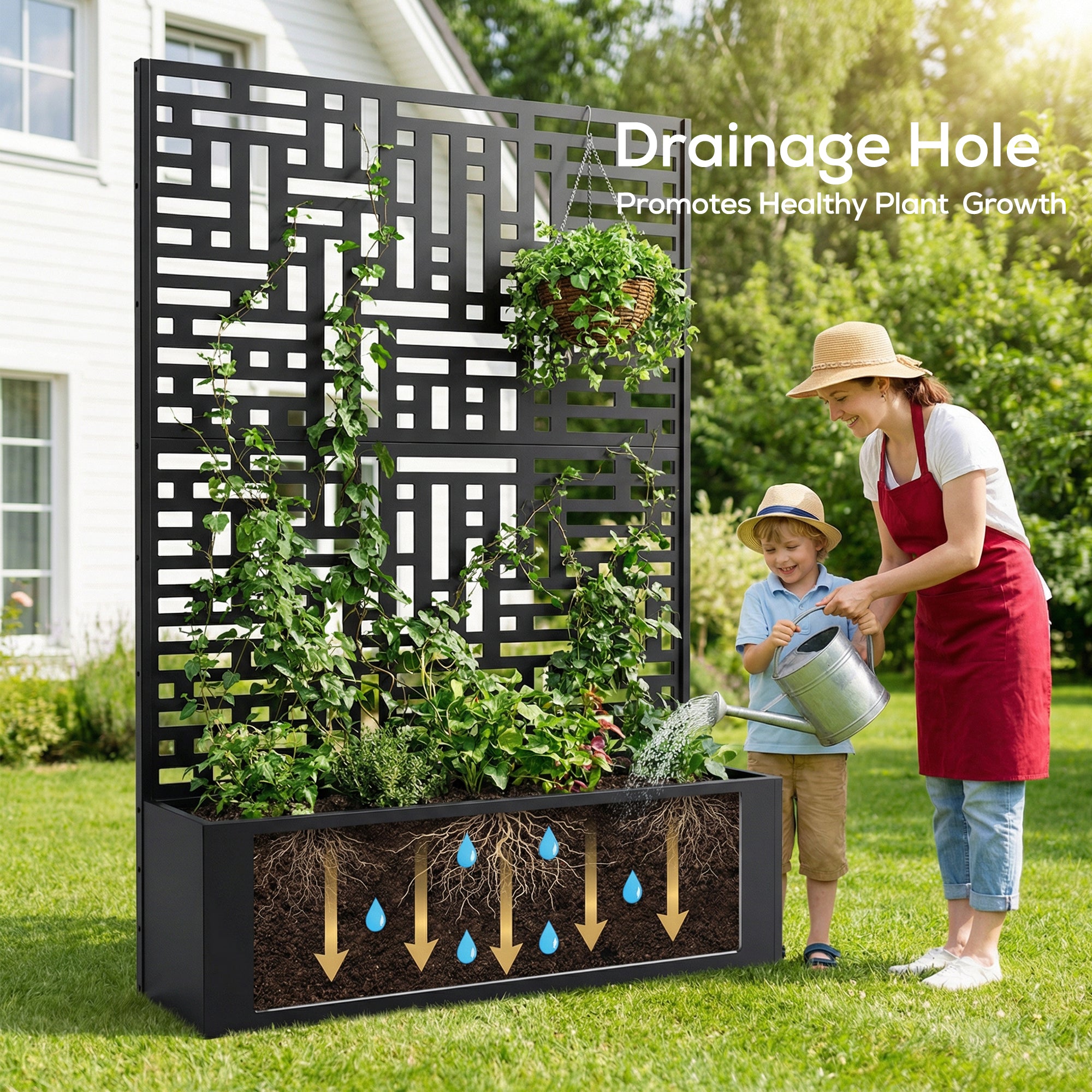 Woman and child watering plants in a black metal garden planter with decorative screen