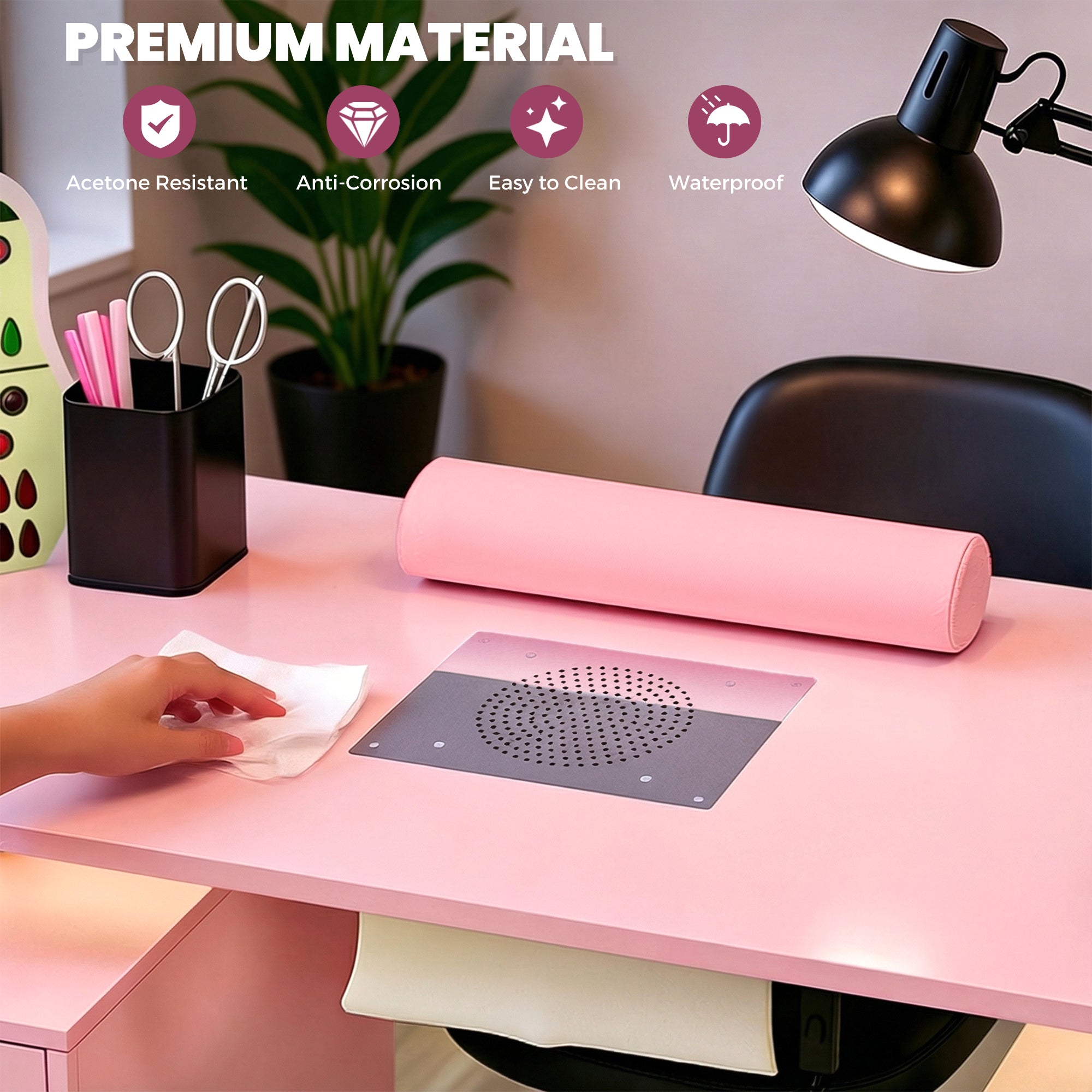 Advwin Nail Table w/ Dust Collector & Lockable Wheels Pink