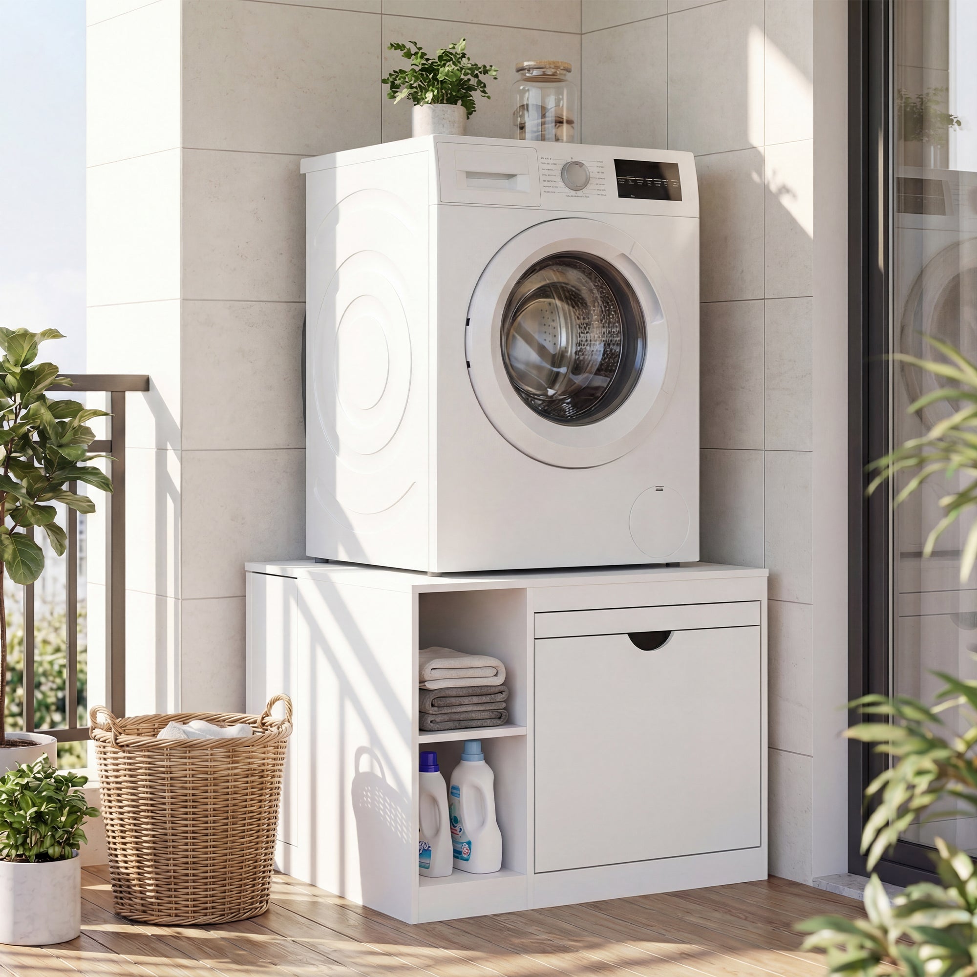 White washing machine on a wooden cabinet with plants and laundry basket in a bright room.