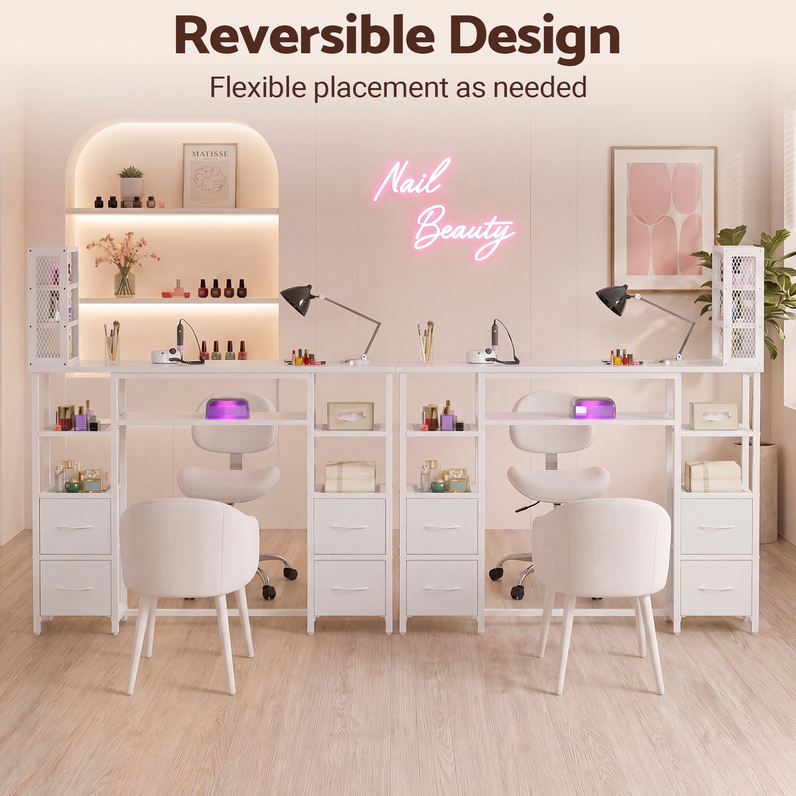 Advwin Double Tabletop Nail Desk w/ 3-Tier Storage Rack