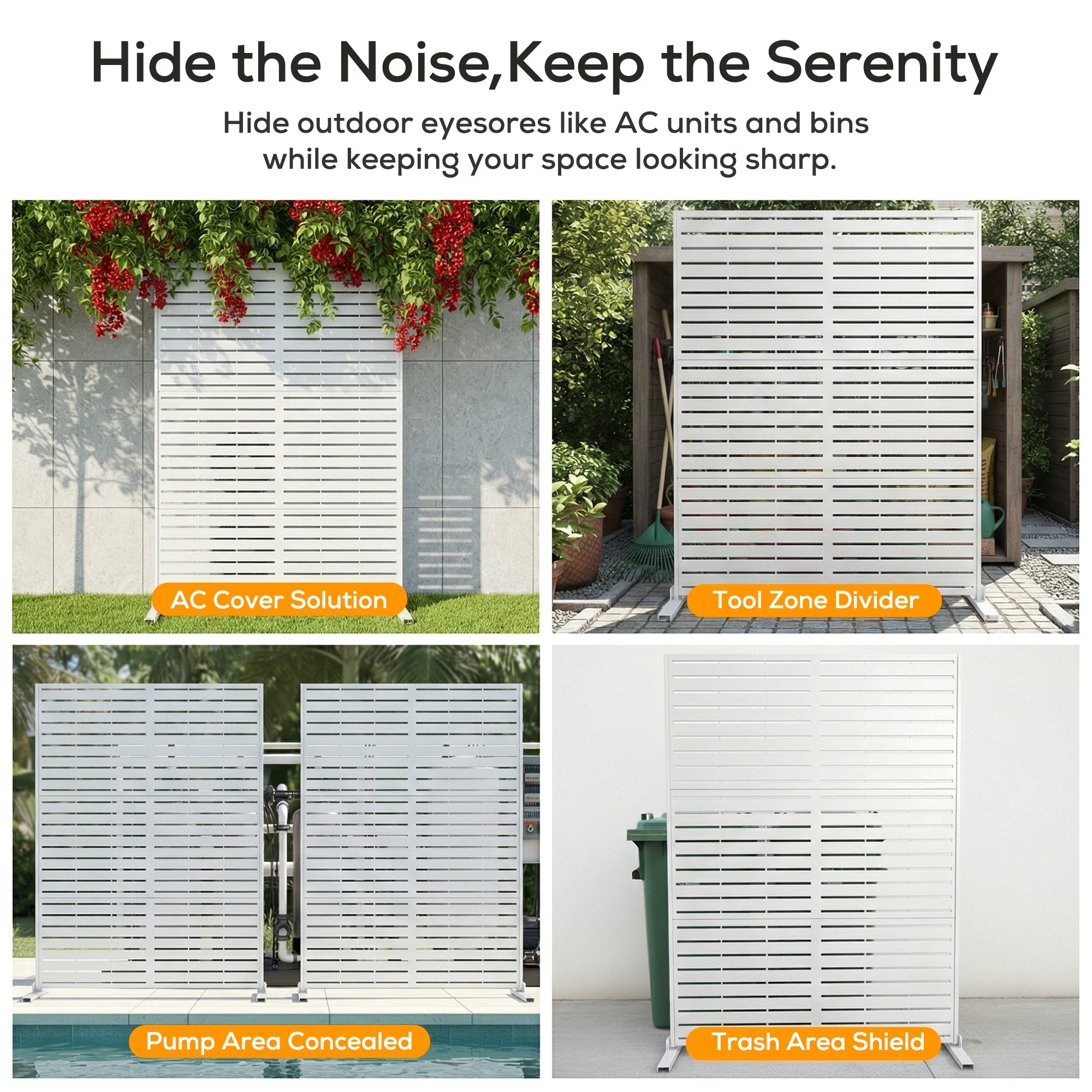 White outdoor privacy screen with various applications in different settings.