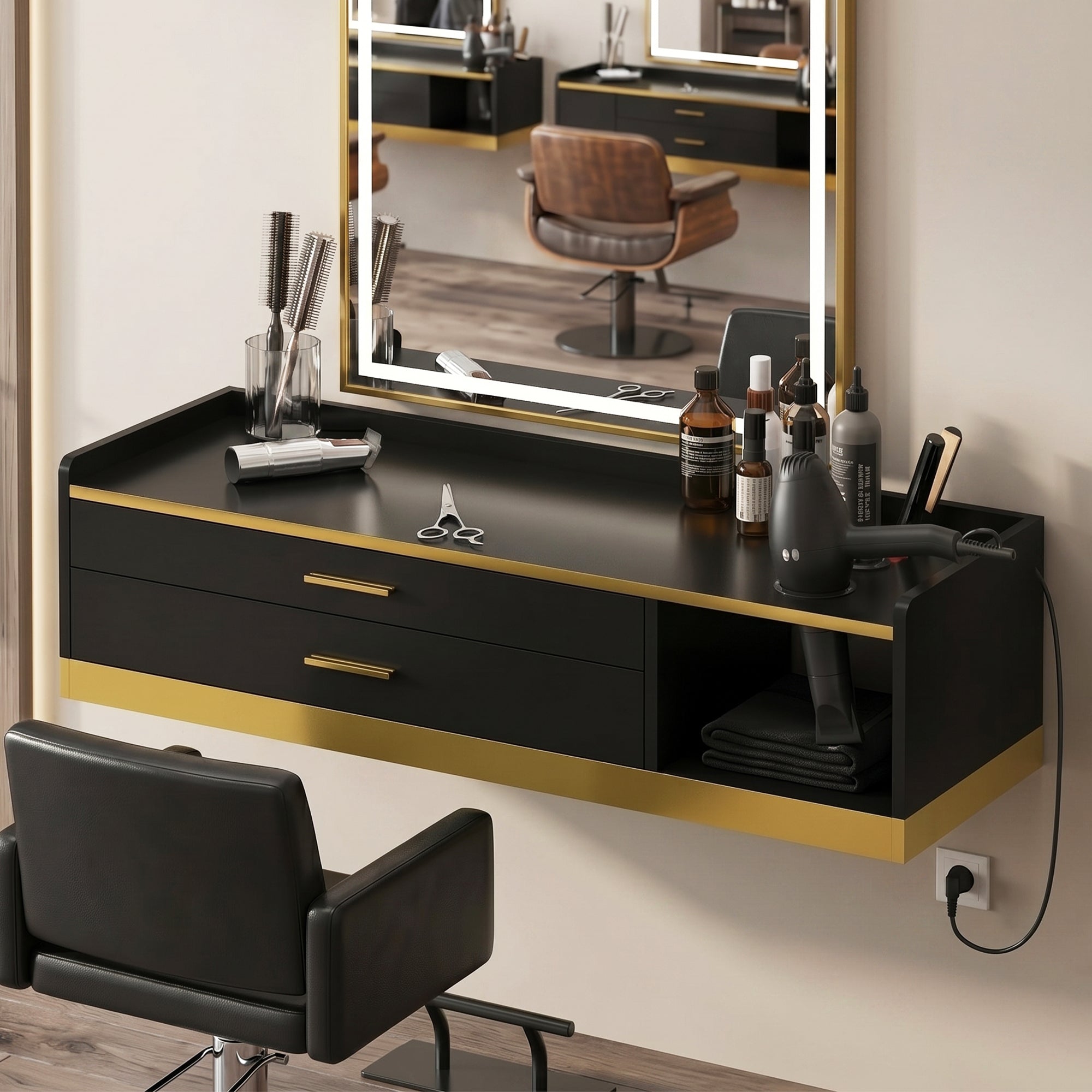 Advwin Wall Mount Barber Desk w/ Gold Accent