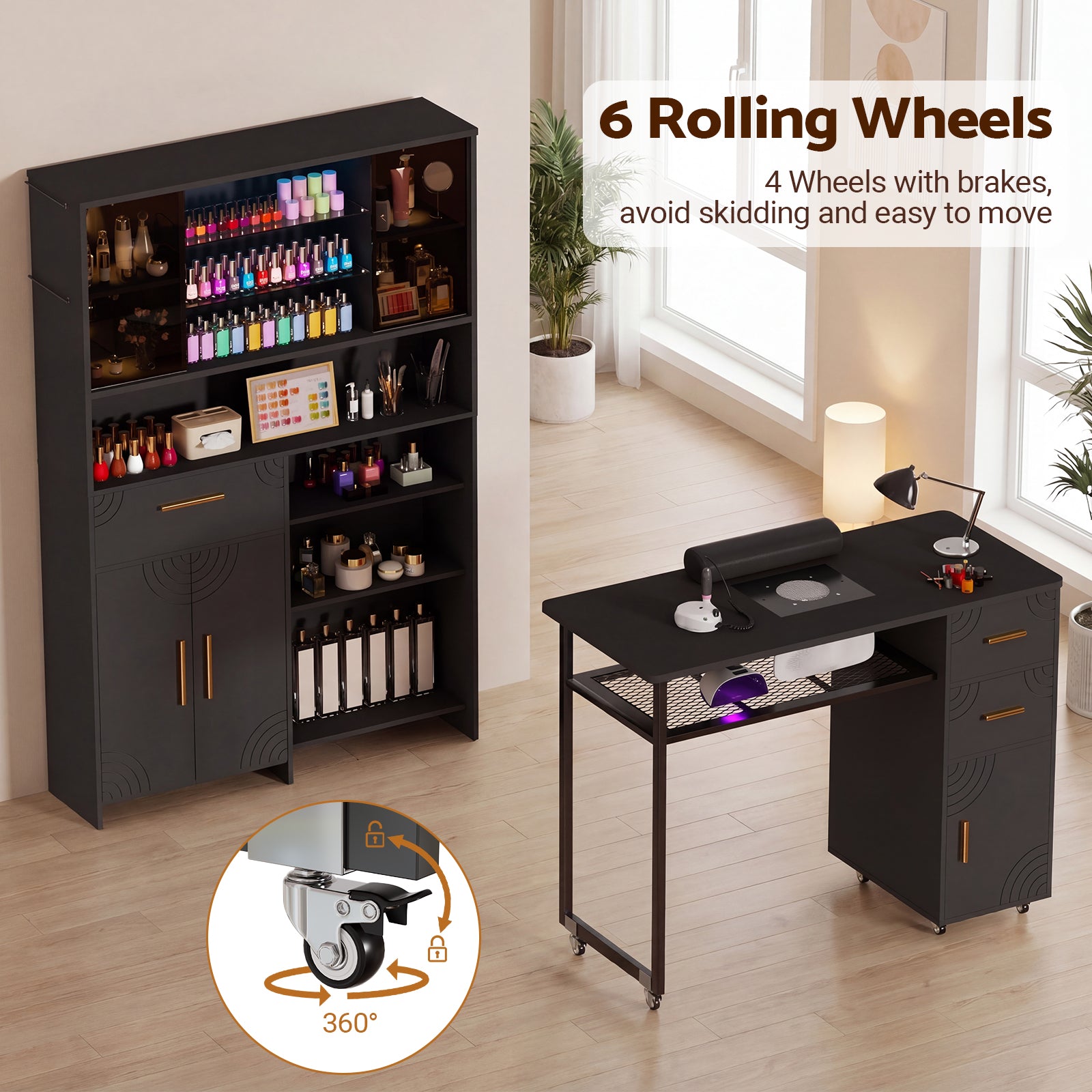 Advwin Nail Table w/ Double Tabletop & 3 Adjustable Shelves