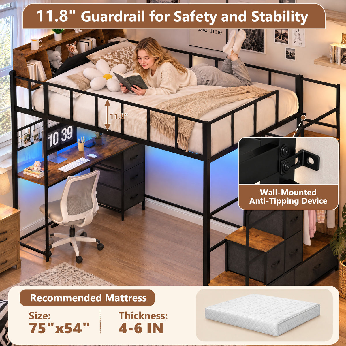 Advwin Loft Bed with Storage Headboard & Power Outlets