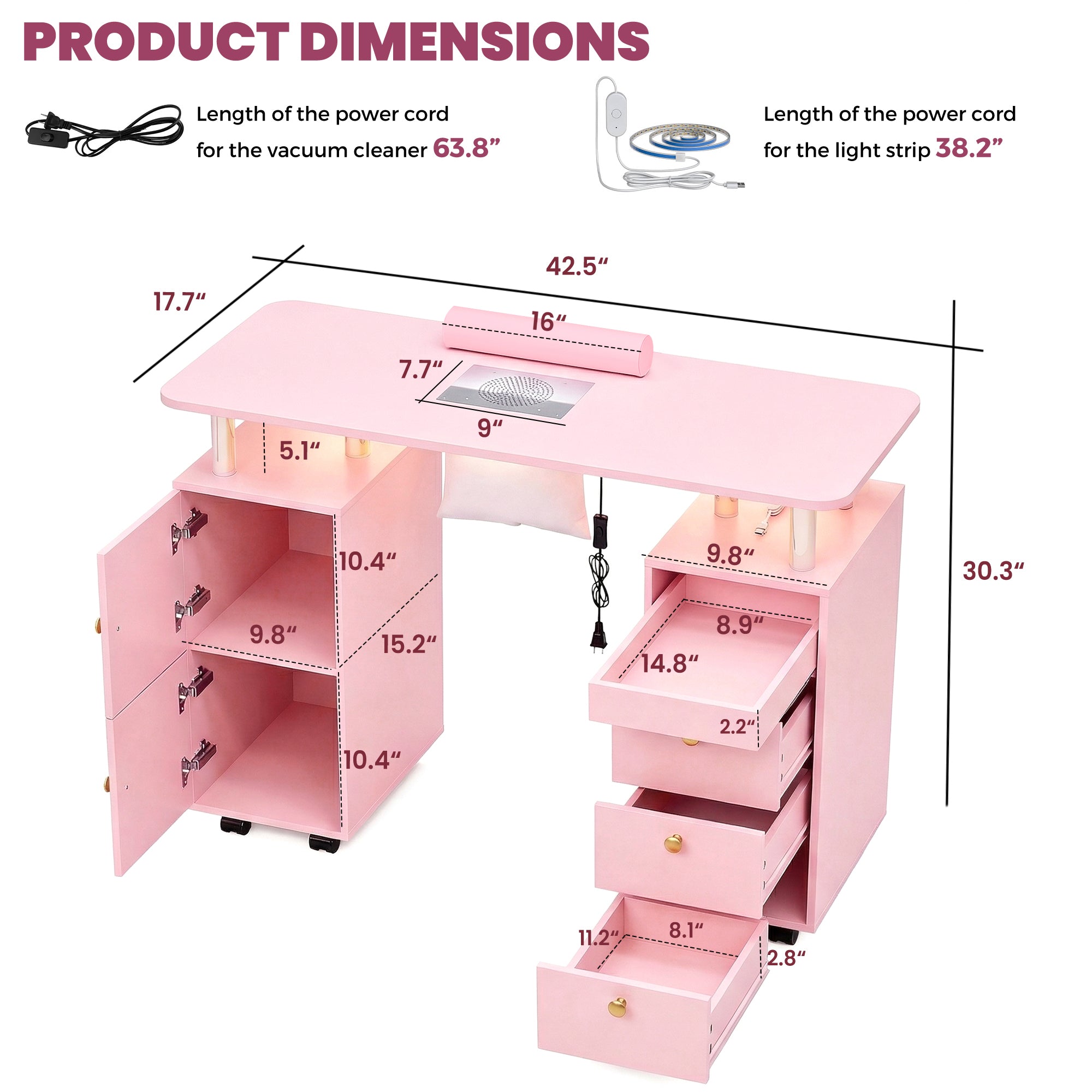 Advwin Nail Table w/ Dust Collector & Lockable Wheels Pink