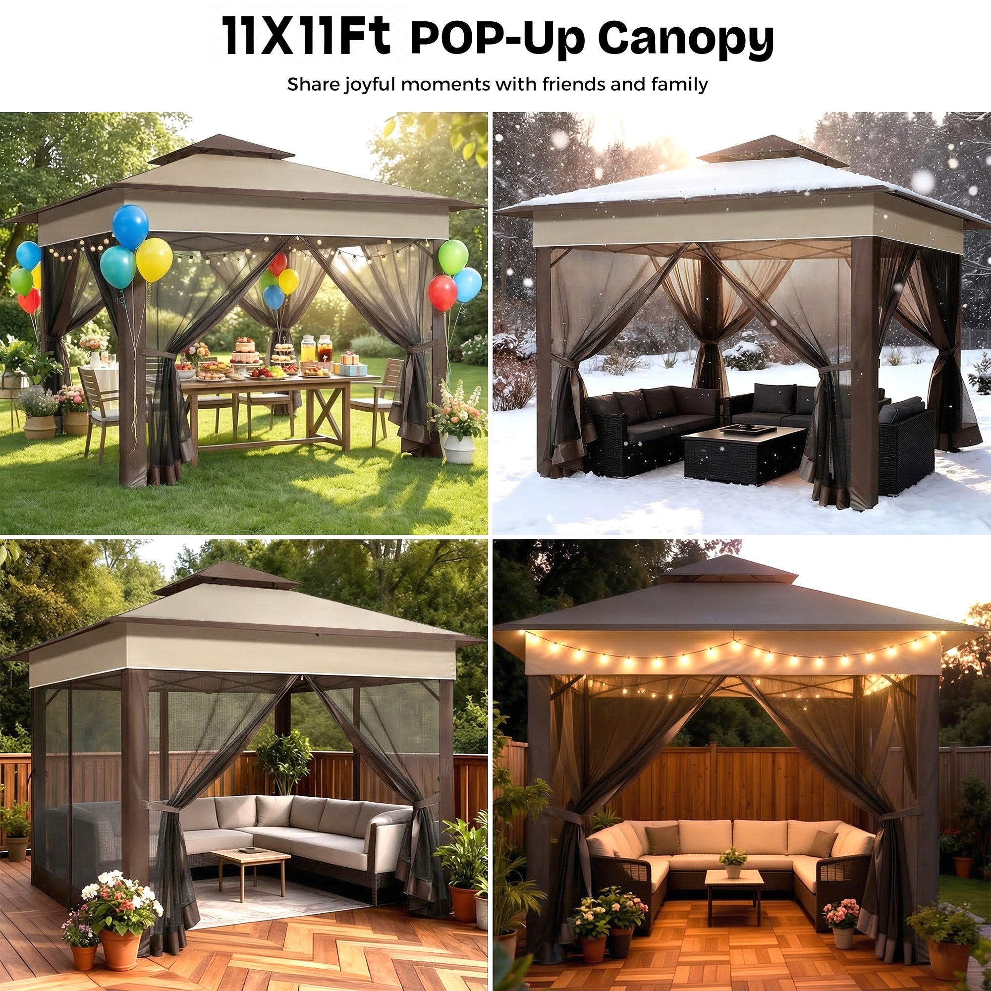 11x11ft pop-up canopy used outdoors in various settings with people and furniture.