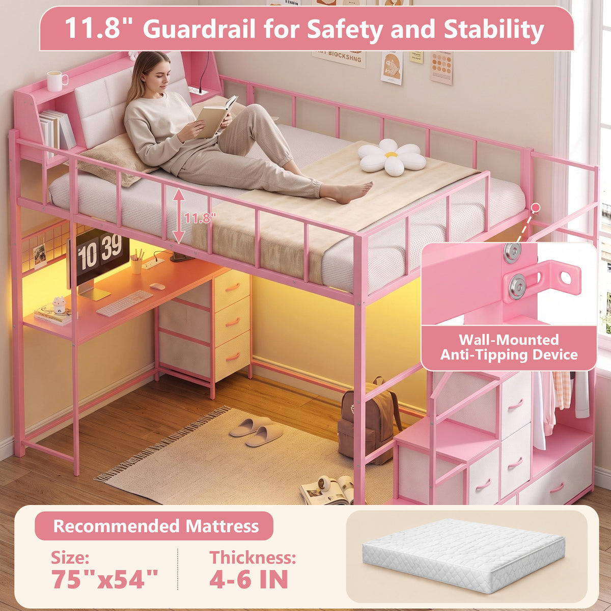 Advwin Loft Bed with Storage Headboard & Power Outlets