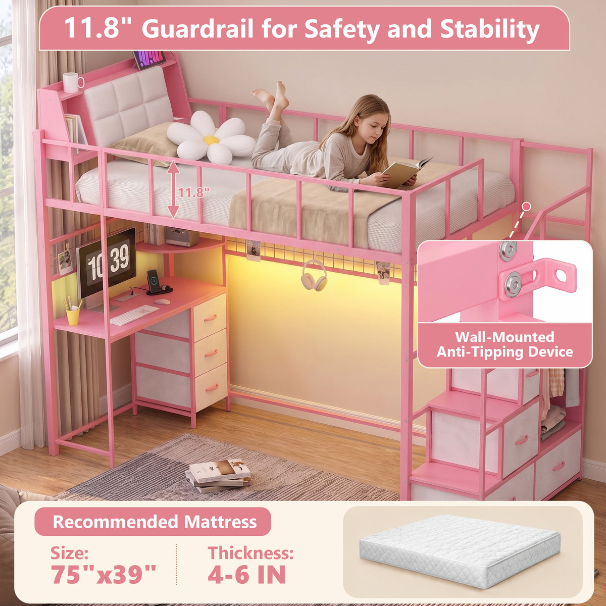 Advwin Loft Bed with Storage Headboard & Power Outlets