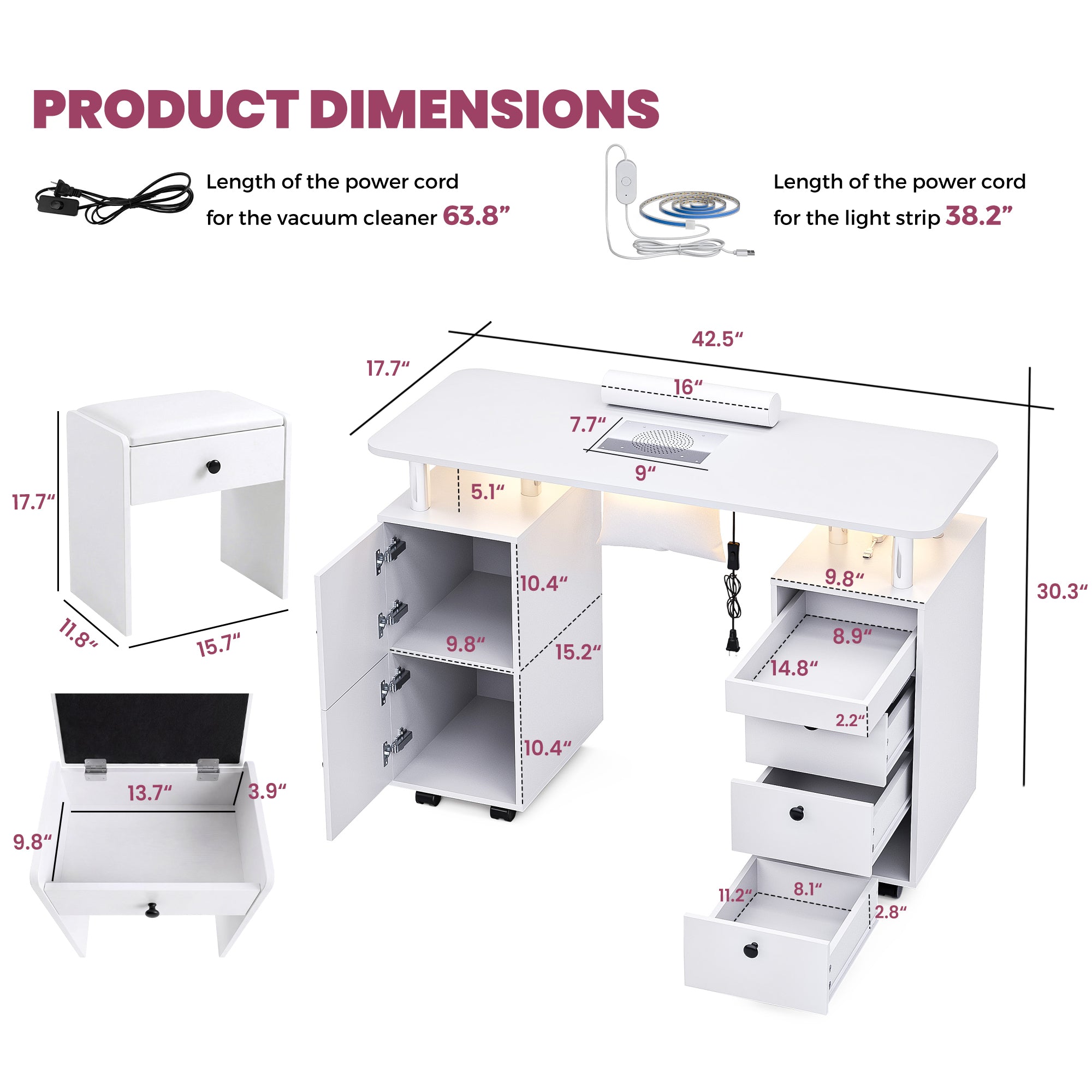 Advwin Nail Desk & Storage Stool Set for Nail Tech