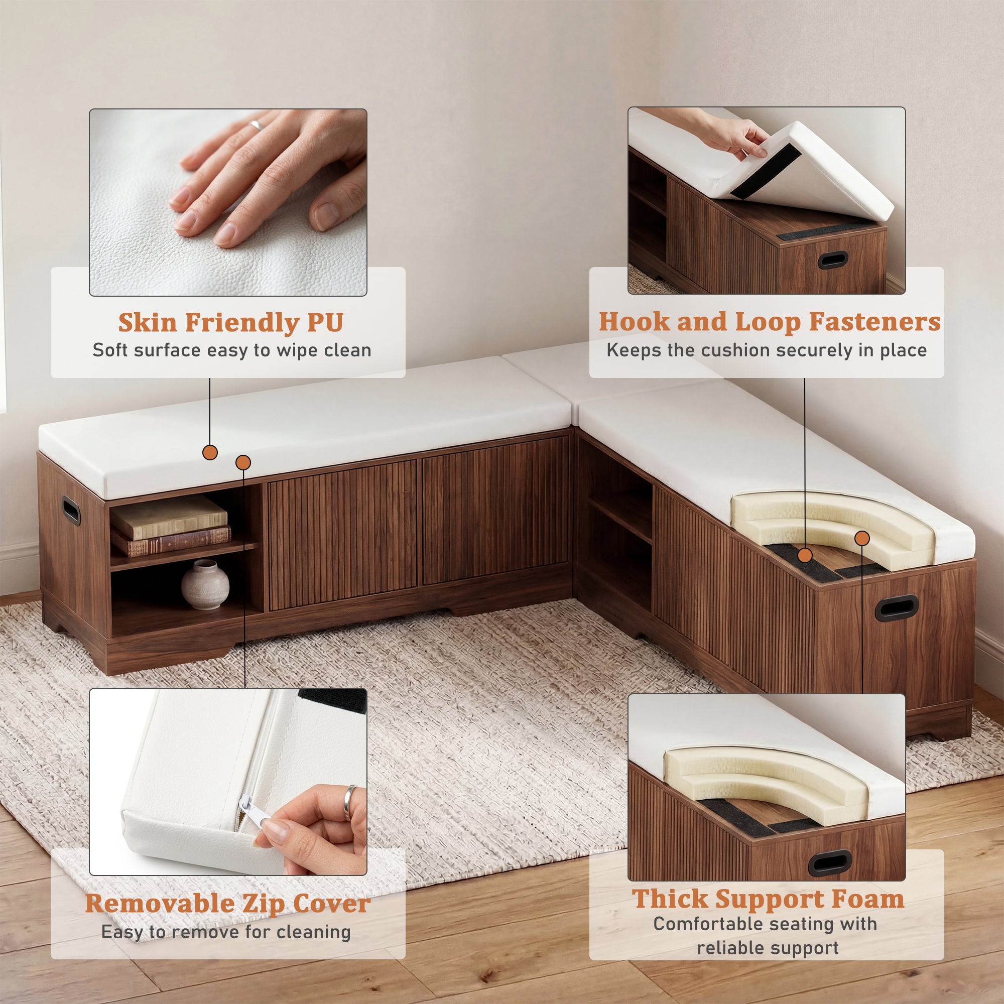 Wooden L-shaped bench with cushioned seating area, featuring skin-friendly PU surface, hook and loop fasteners, removable zip cover, and thick support foam.